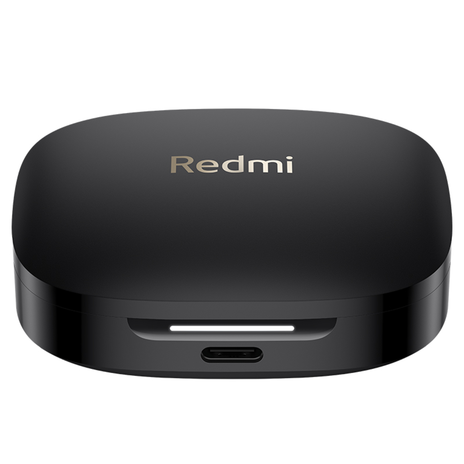 Black Redmi earbuds case. It has a rounded rectangular shape. The brand name is written on the top cover.