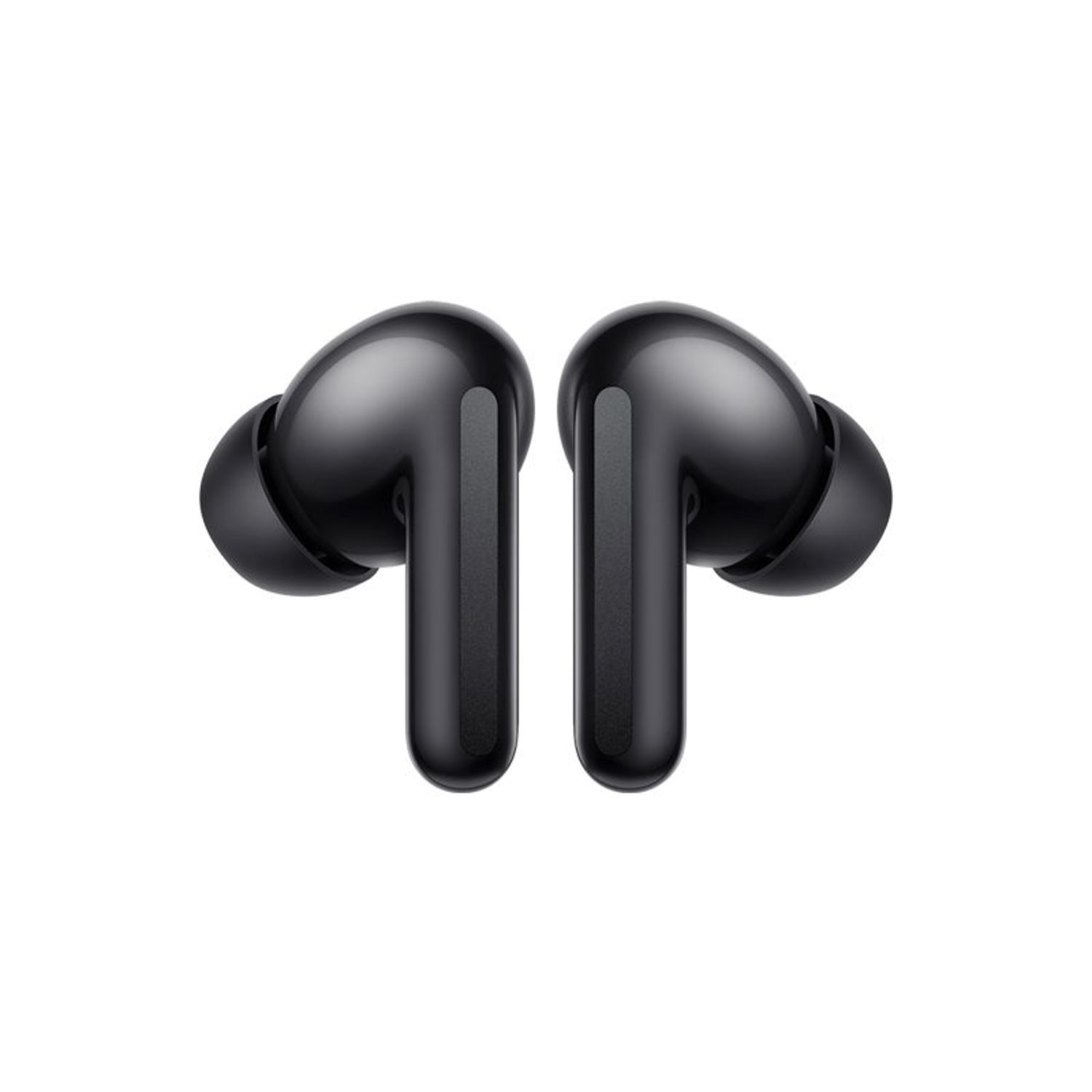 Two black Redmi earbuds. They are curved with long stems. The earbuds are on a white background.