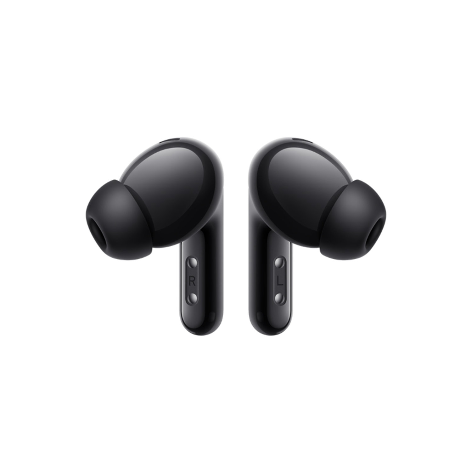 Two black wireless earbuds. The left one has 'L' and the right one has 'R' printed.