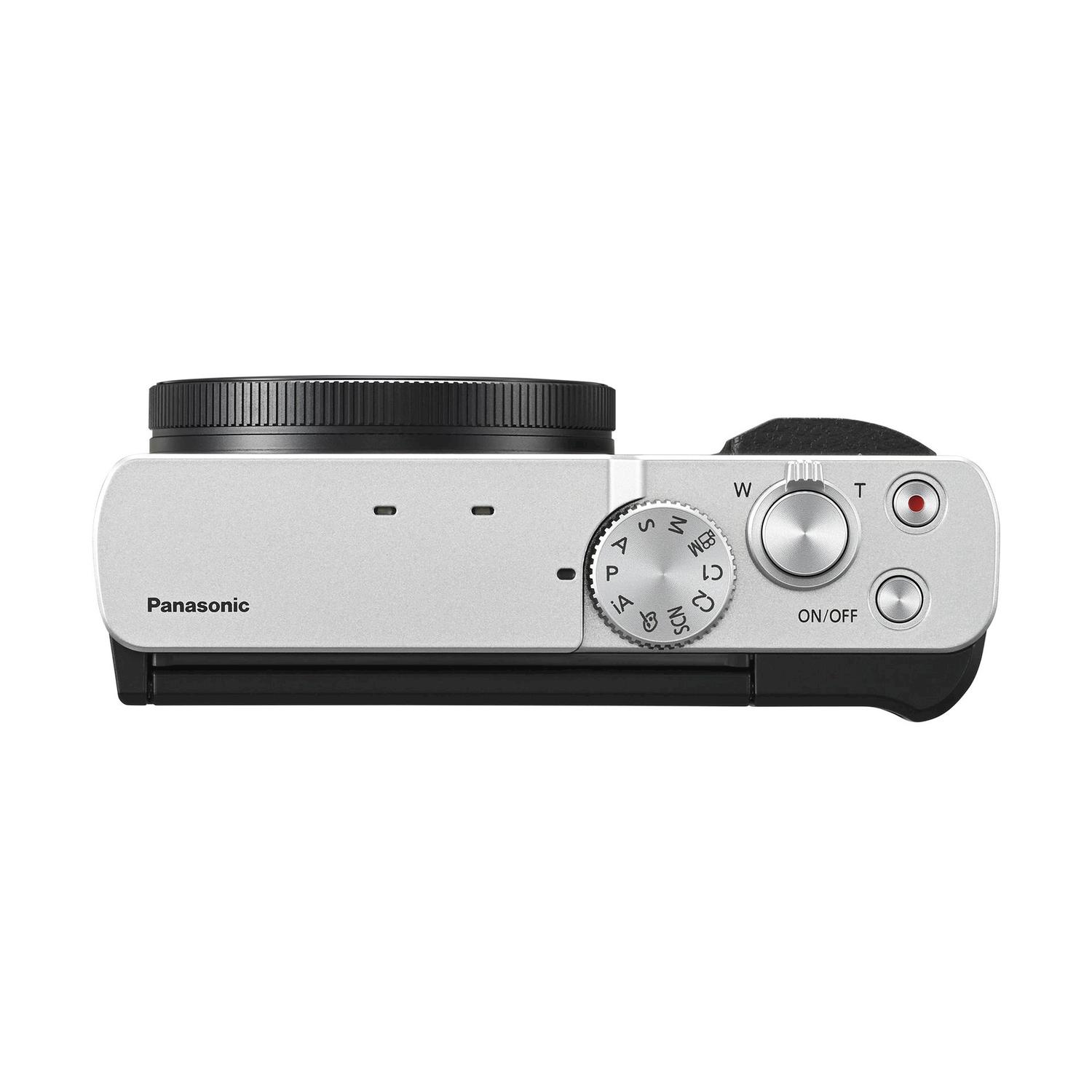 Vista dall'alto di una fotocamera Panasonic nera e argento. Mostra i pulsanti di controllo e la ghiera.