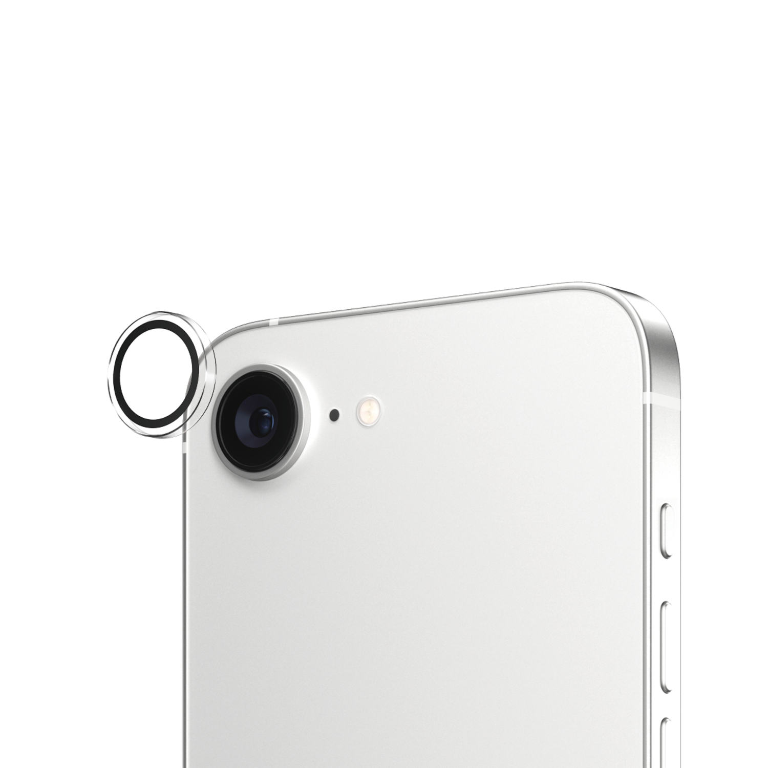 De achterkant van een witte telefoon met een cameralens bevestigd.