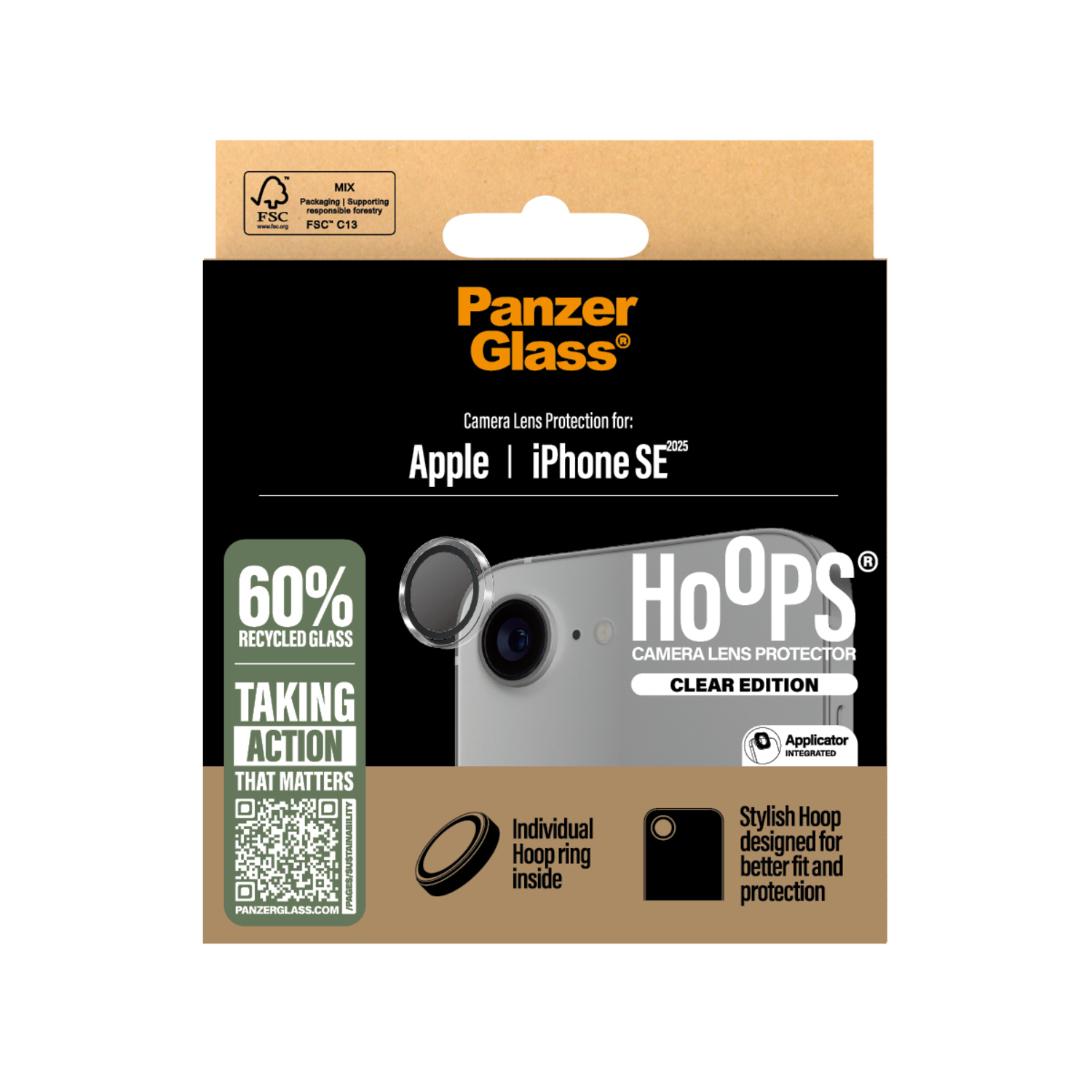 Een doos voor een schermbeschermer, met details over glas en functies.