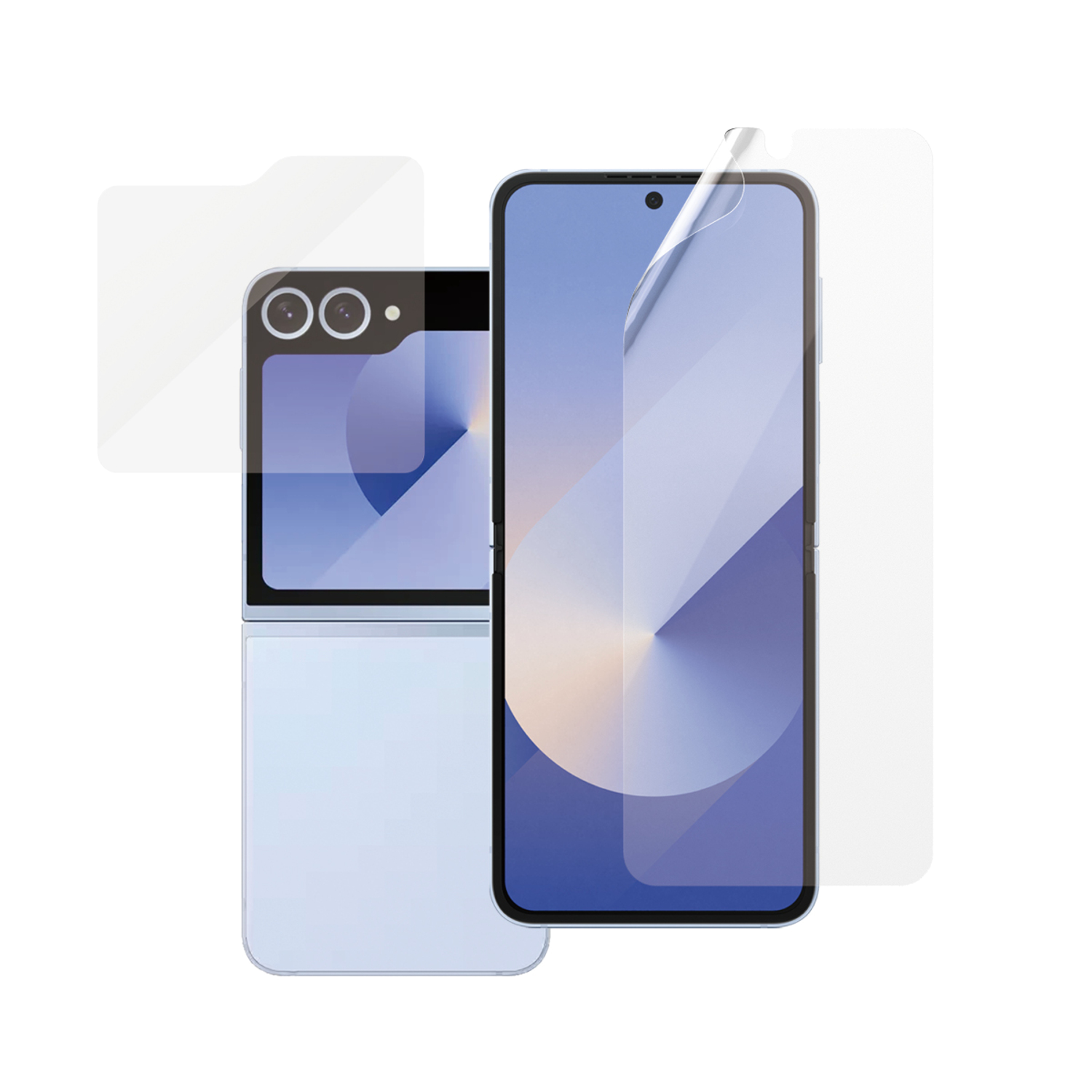 Een blauwe smartphone met schermbeschermers en een cameramodule.