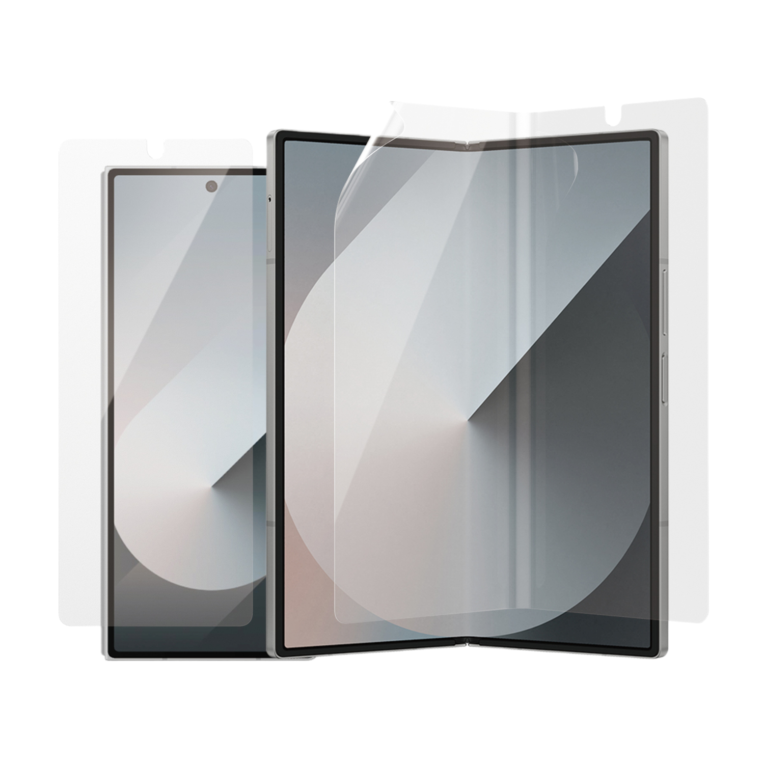 Twee tablets, één open, met screenprotectors aangebracht. De schermen staan op een witte achtergrond.