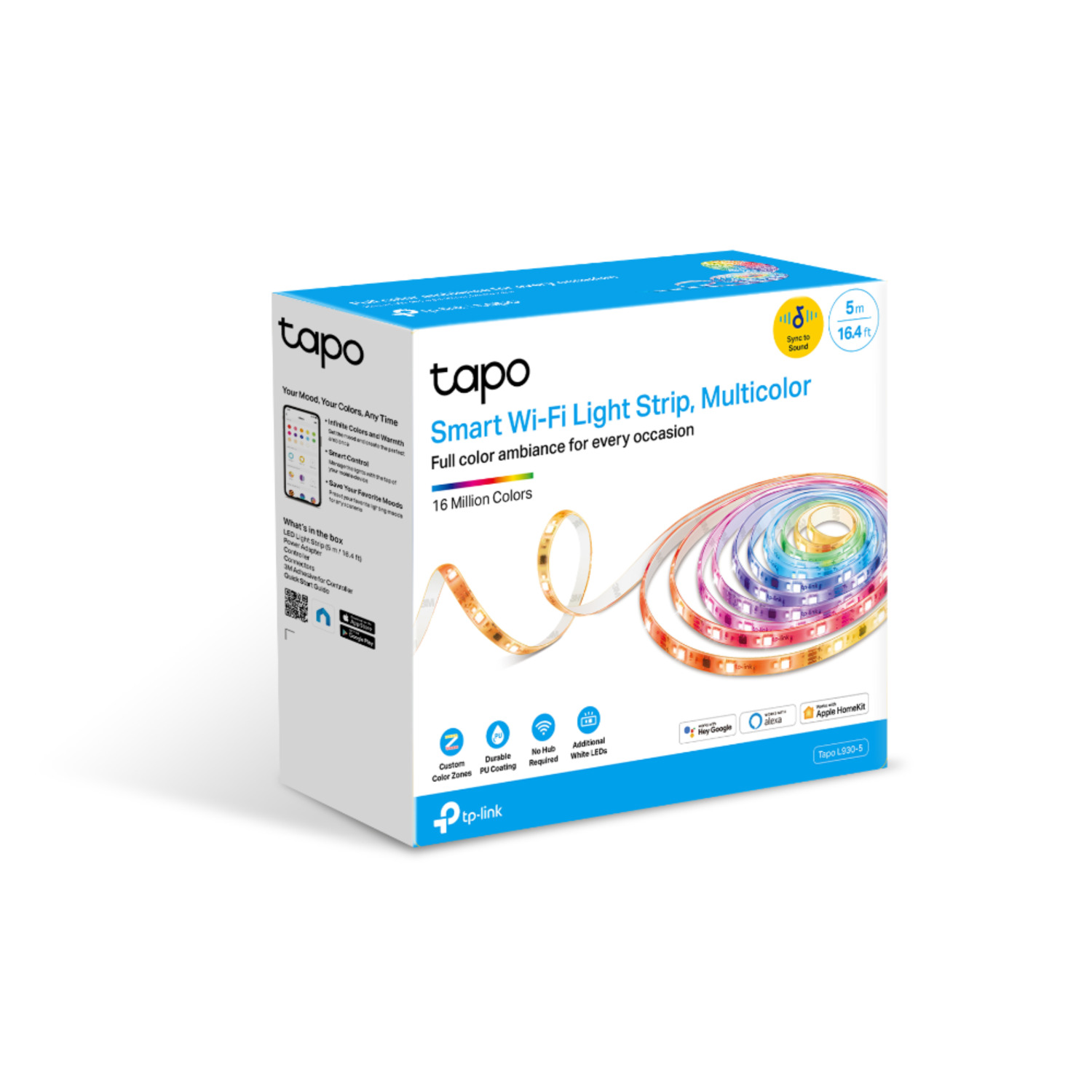 A box of Tapo Smart Wi-Fi Light Strip Multicolor. It is white and shows the product and features.