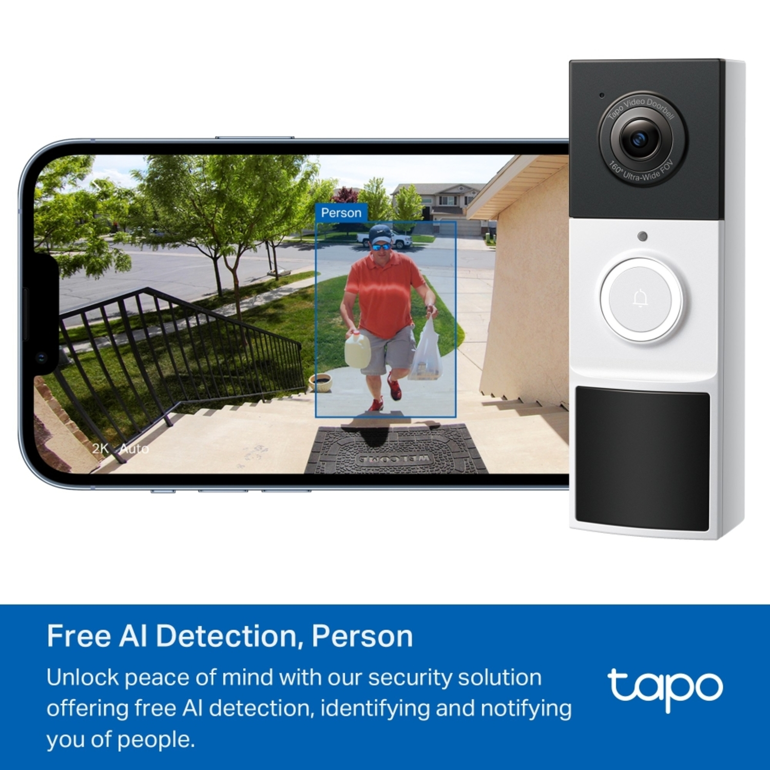 A smart doorbell with a person detection alert on a phone screen. A person is walking.