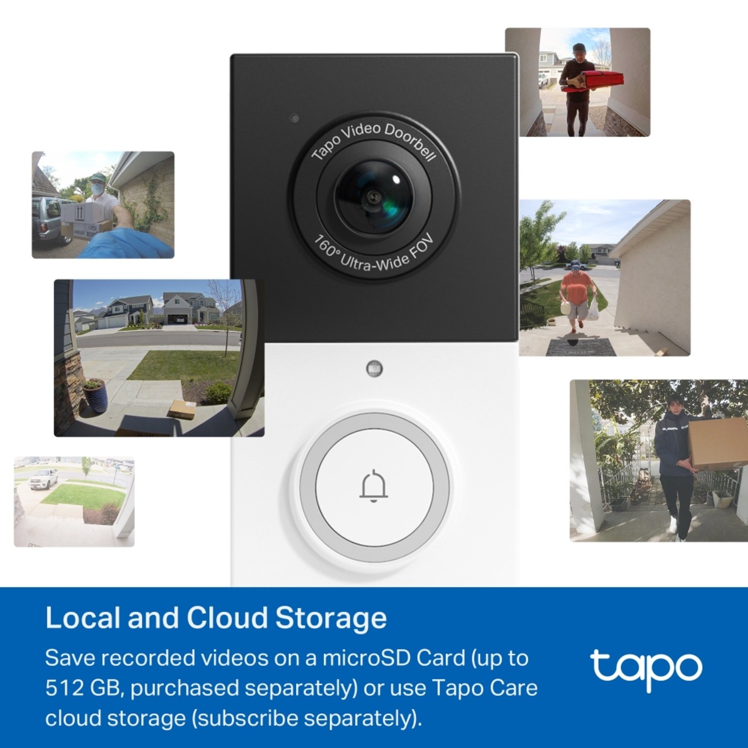A security camera with multiple views. Shows people at houses and front doors.