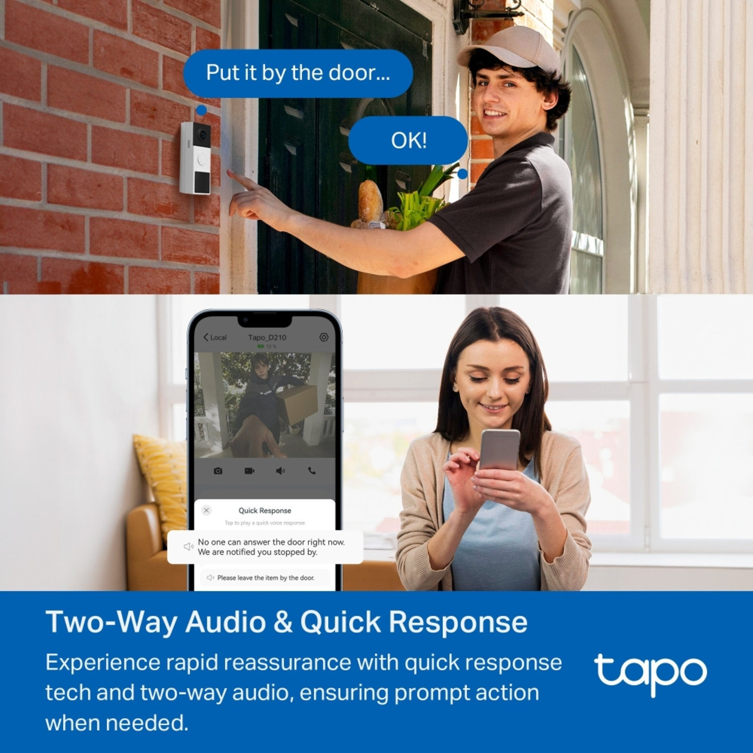 Doorbell system and woman looking at her phone.