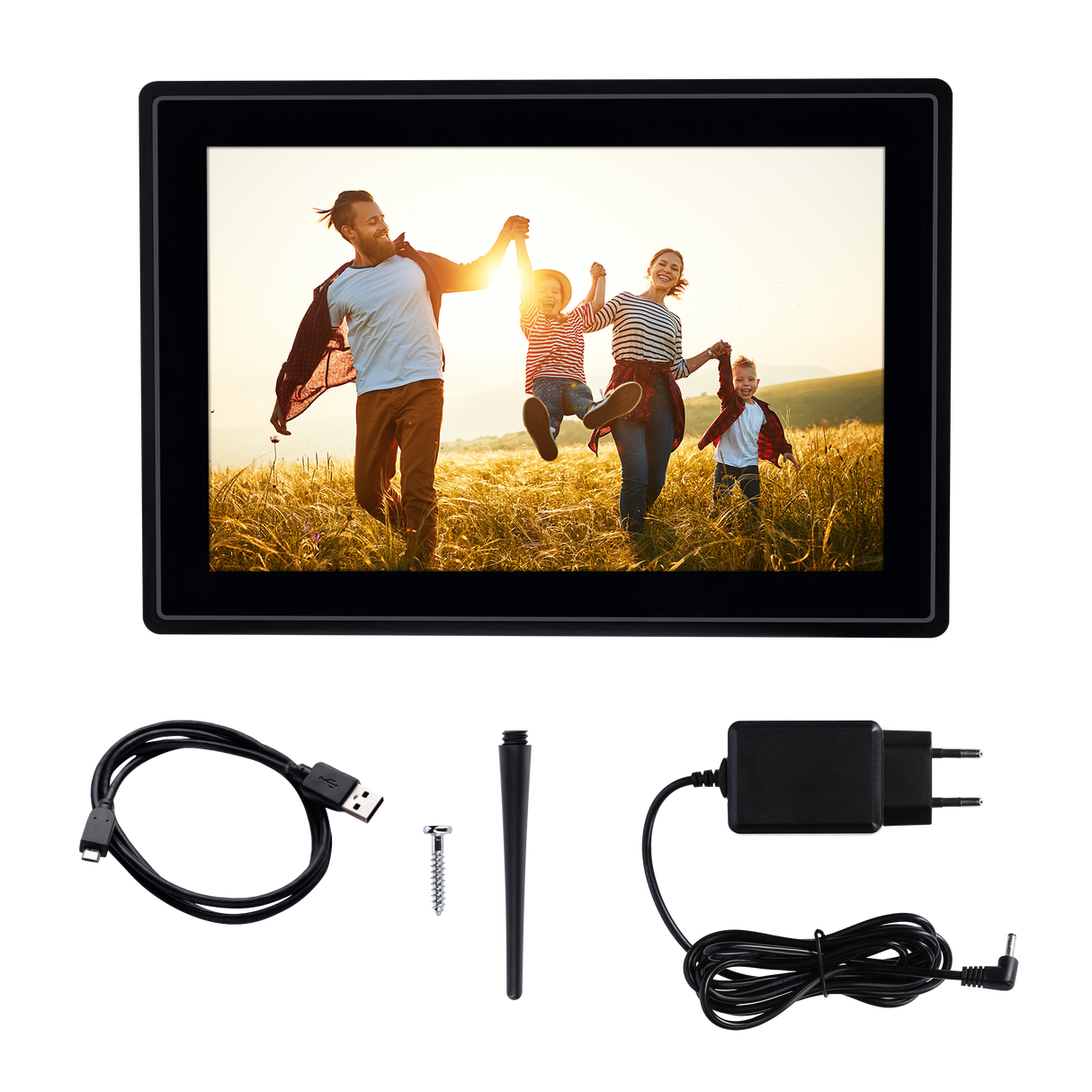 Familie in einem Fotorahmen. Inklusive USB-Kabel, Schraube, Stift und Netzteil.