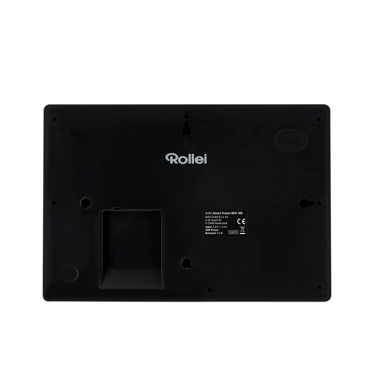 Schwarze Rückseite eines Rollei Smart Frame Wi-Fi 100 Geräts.