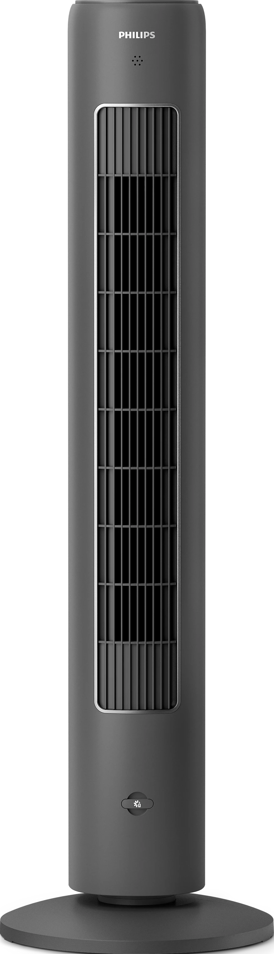 Grand ventilateur tour gris avec lattes verticales. Il repose sur une base circulaire, fond sombre.