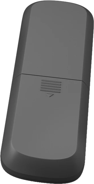Un appareil rectangulaire gris avec une extrémité arrondie, contre un fond noir.