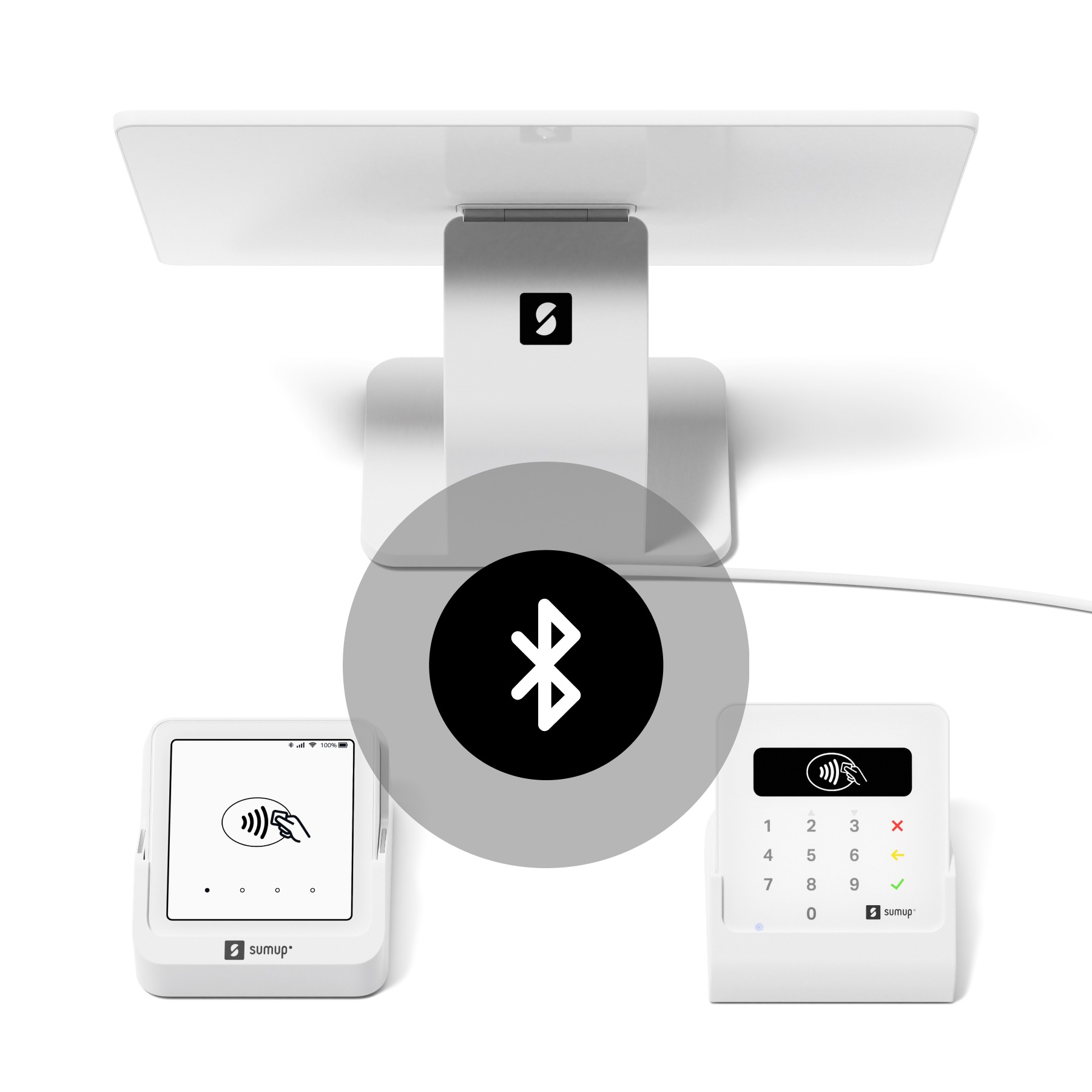 Un système de point de vente blanc avec un symbole Bluetooth au centre et deux lecteurs de cartes.