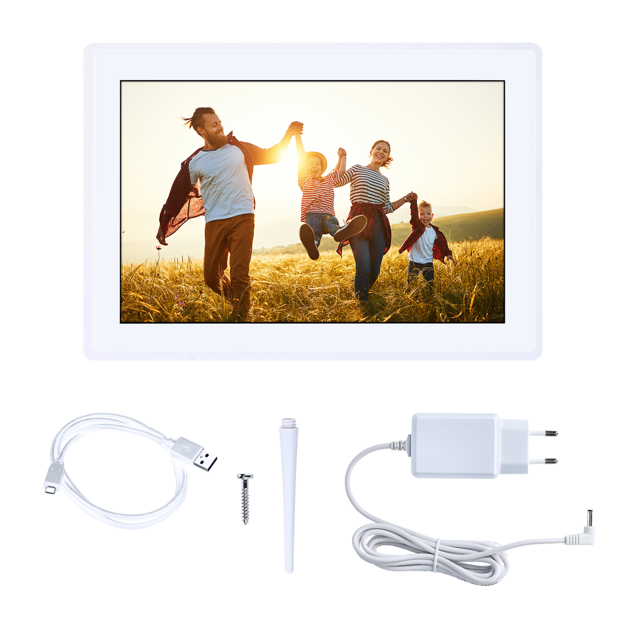 Familie in einem Fotorahmen. Inklusive USB-Kabel, Schraube, Stift und Netzteil.