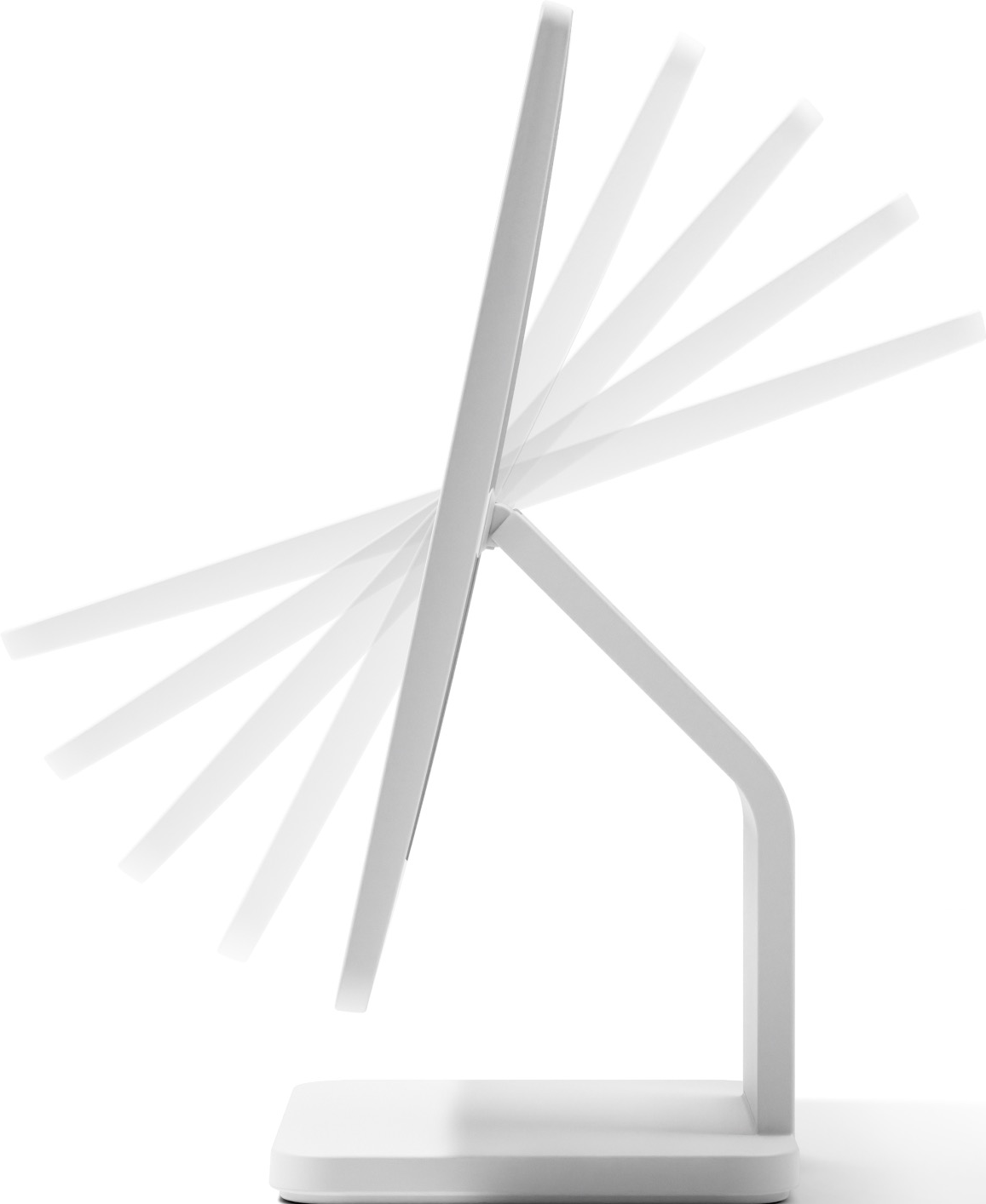 Cadre photo numérique blanc avec différentes positions d'affichage angulaires. Une base blanche est présente.