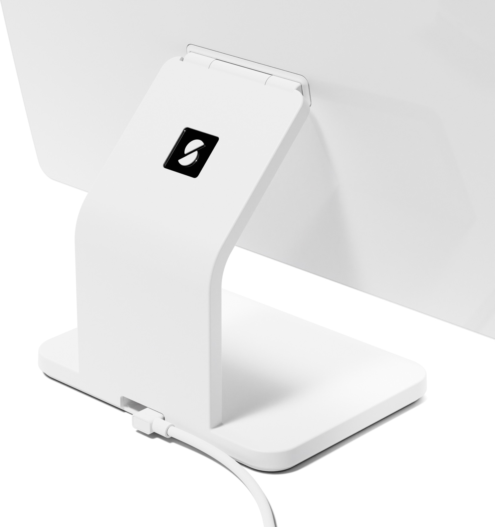 Support d'écran blanc, avec logo noir et câble sur fond blanc.