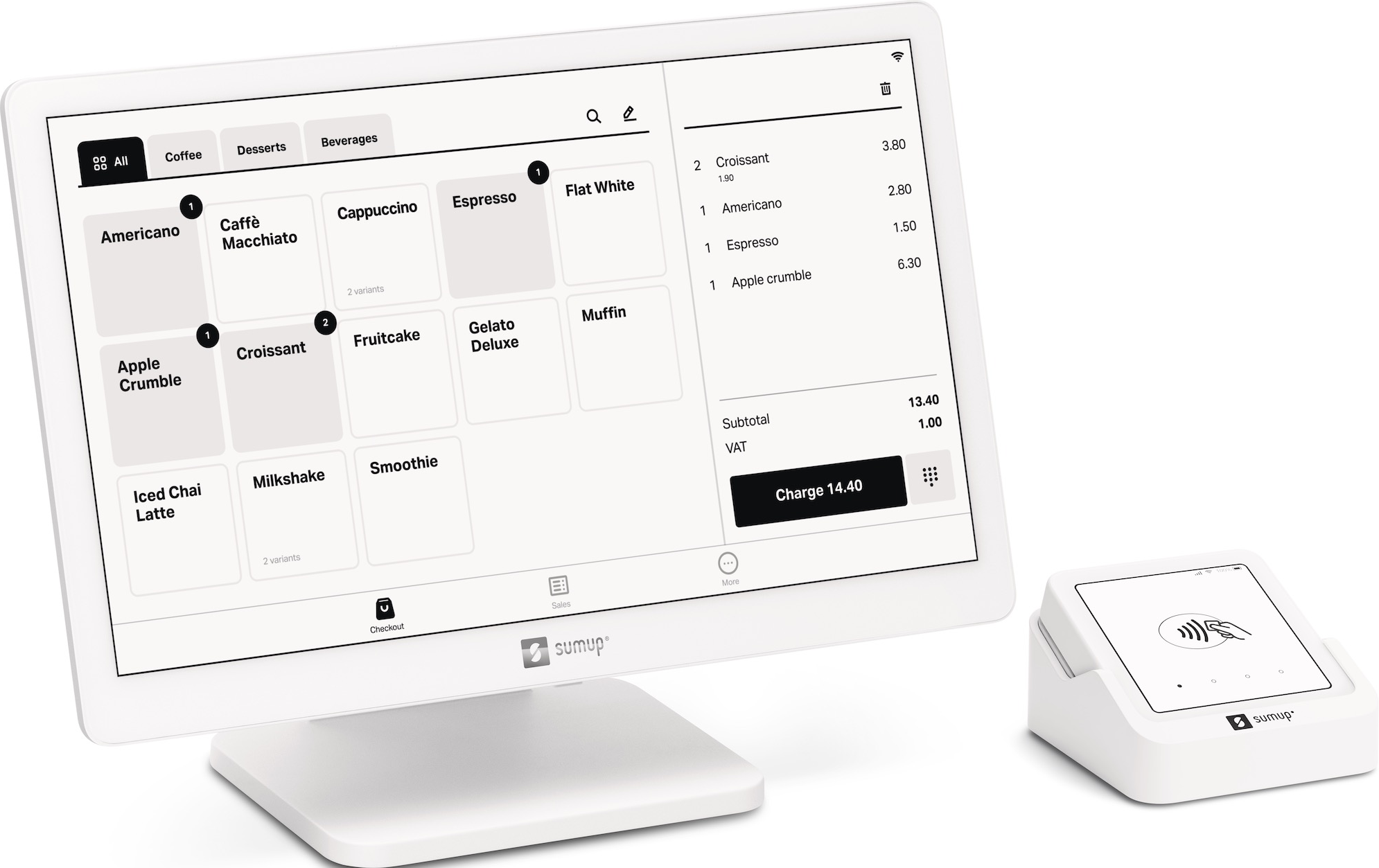 Système de point de vente blanc, écran tactile avec menu. Montre des articles comme croissant.