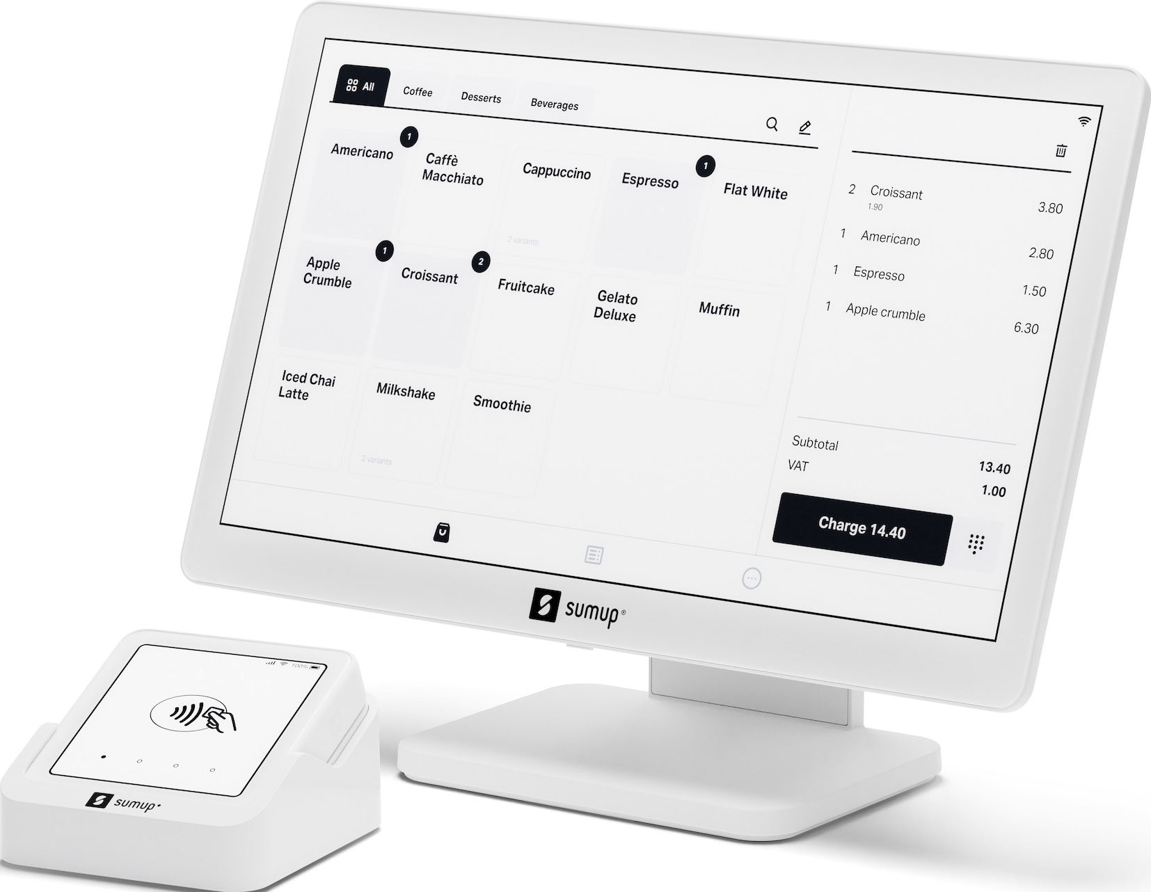 Système de point de vente blanc, écran tactile avec menu. Montre des articles comme croissant.