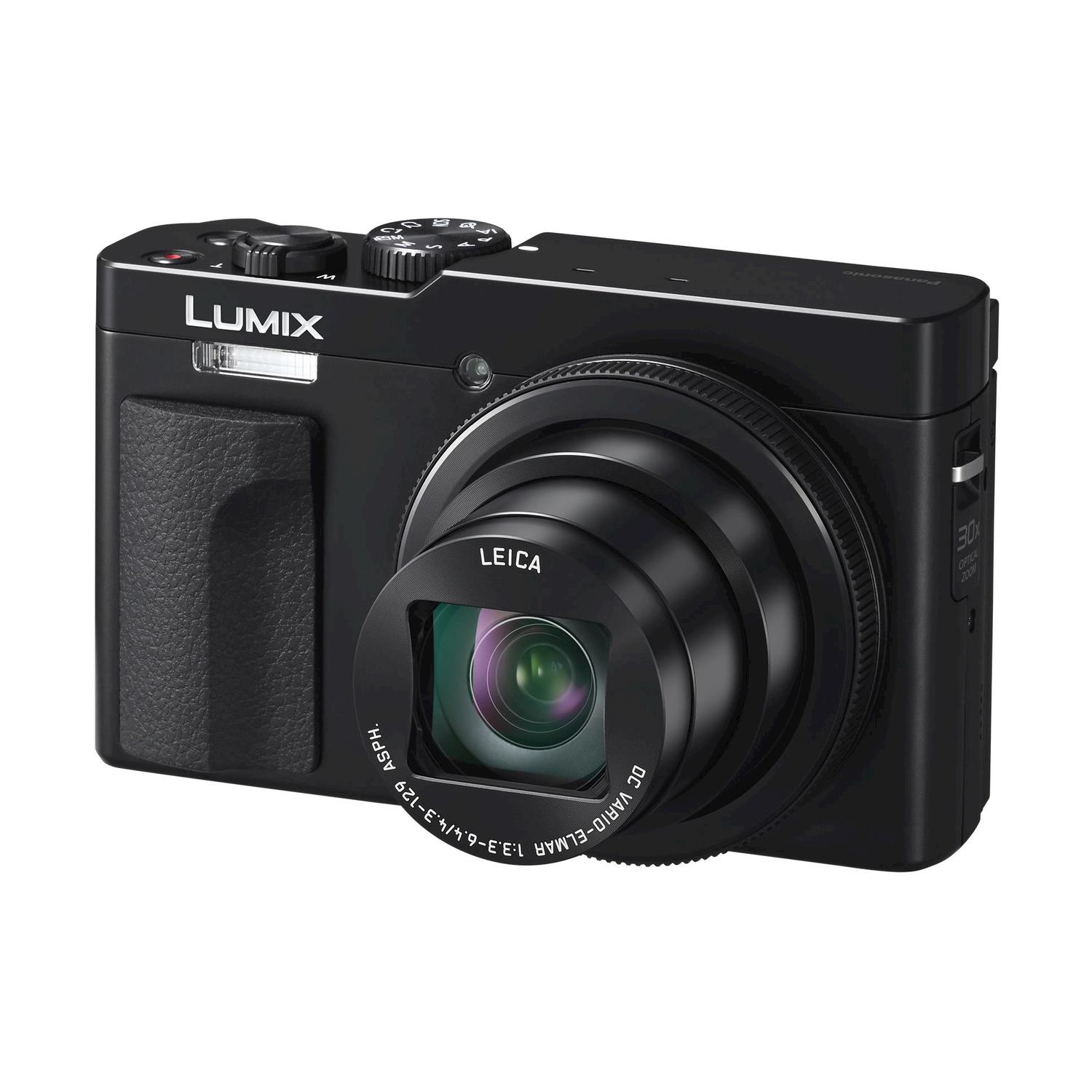 Fotocamera Lumix nera con obiettivo Leica. Obiettivo e controlli visibili.