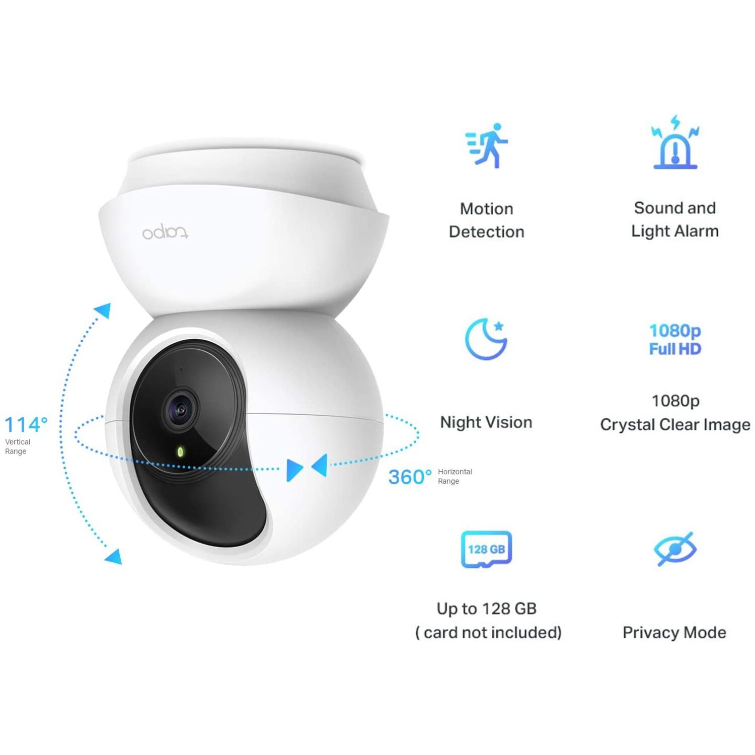 A white Tapo security camera with features like motion detection, sound & light alarm, night vision, and privacy mode.