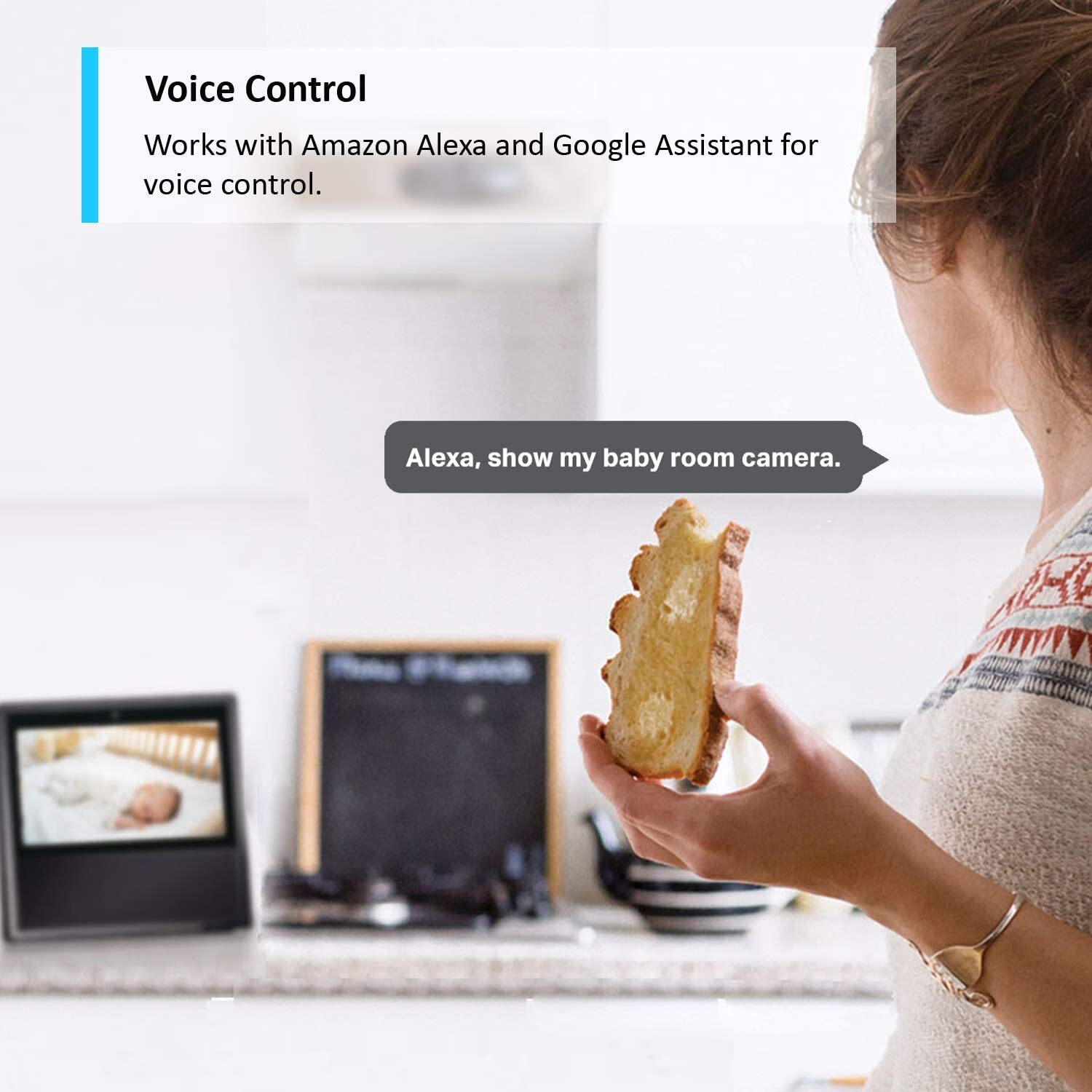 A woman holding toast, looking at a device showing a baby. Text says 'Alexa, show my baby room camera'.