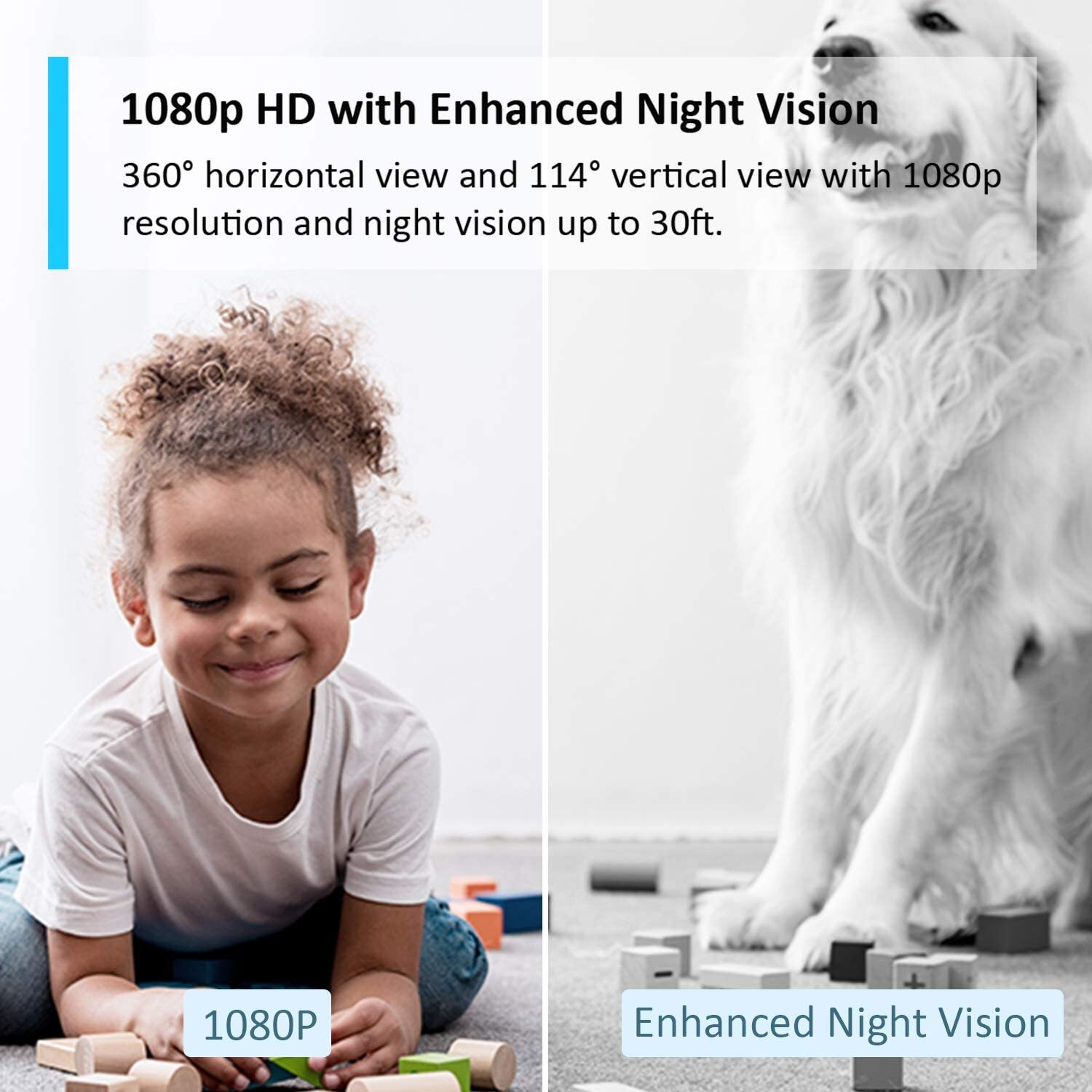 A child smiles, playing with blocks. A dog stands in the background. Text reads: 1080p HD with Enhanced Night Vision.