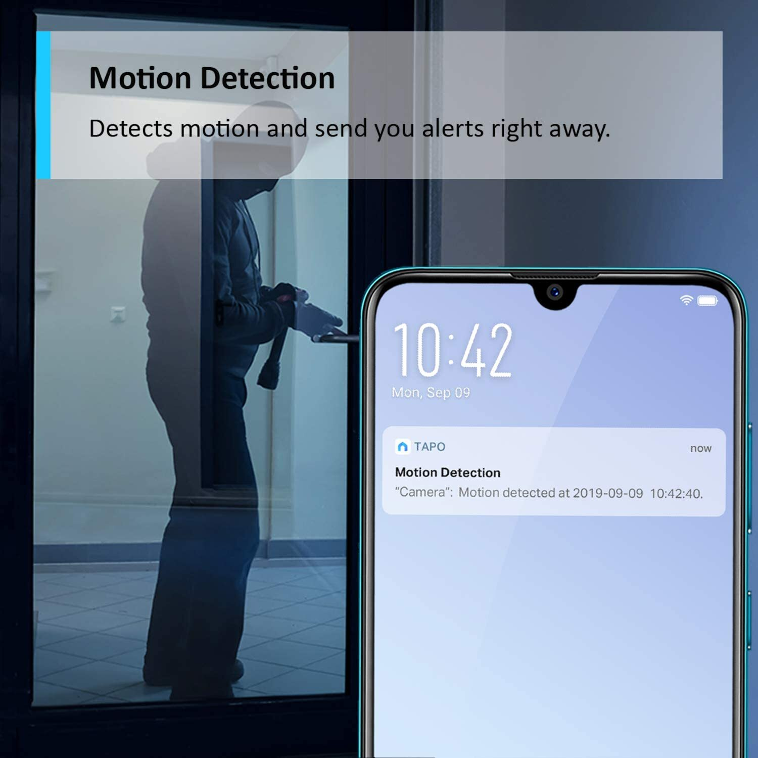 A phone displays a motion detection alert. A silhouetted figure is seen through a door. Text says 'Motion Detection'.
