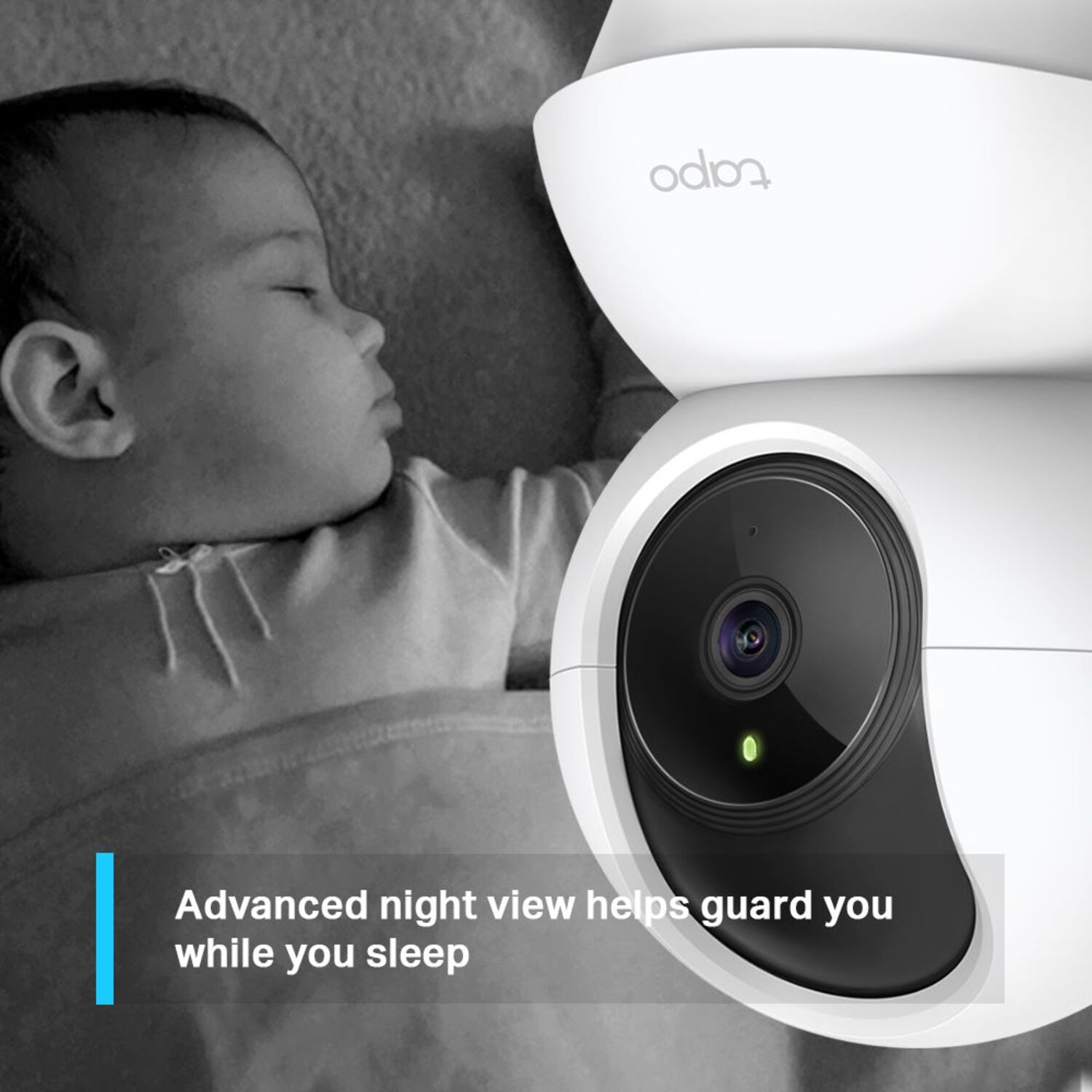 A sleeping baby next to a white security camera. The camera has a black lens and a green light. Text reads: night view helps guard you.