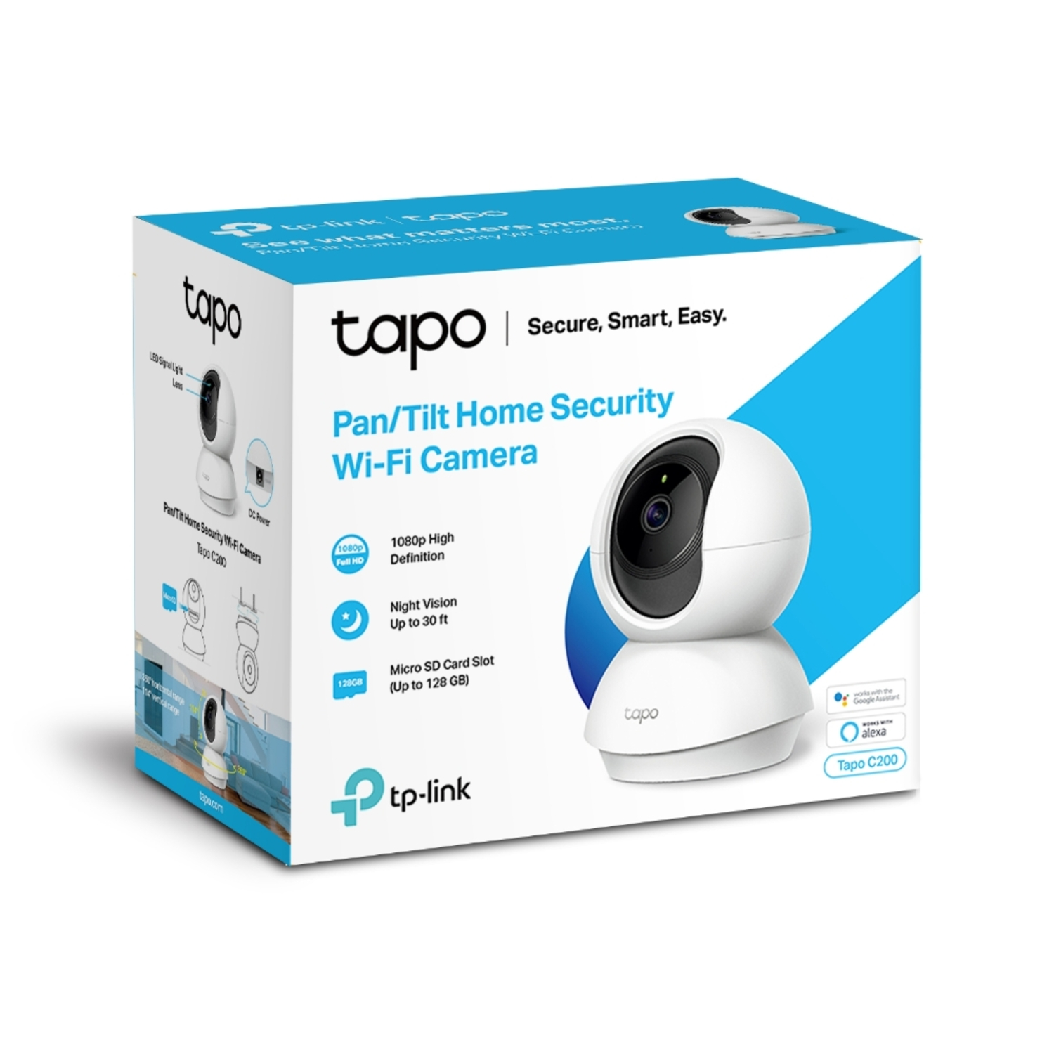 A white Tapo Pan/Tilt Home Security Wi-Fi Camera on a box. Features include 1080p, night vision, and a micro SD card slot.