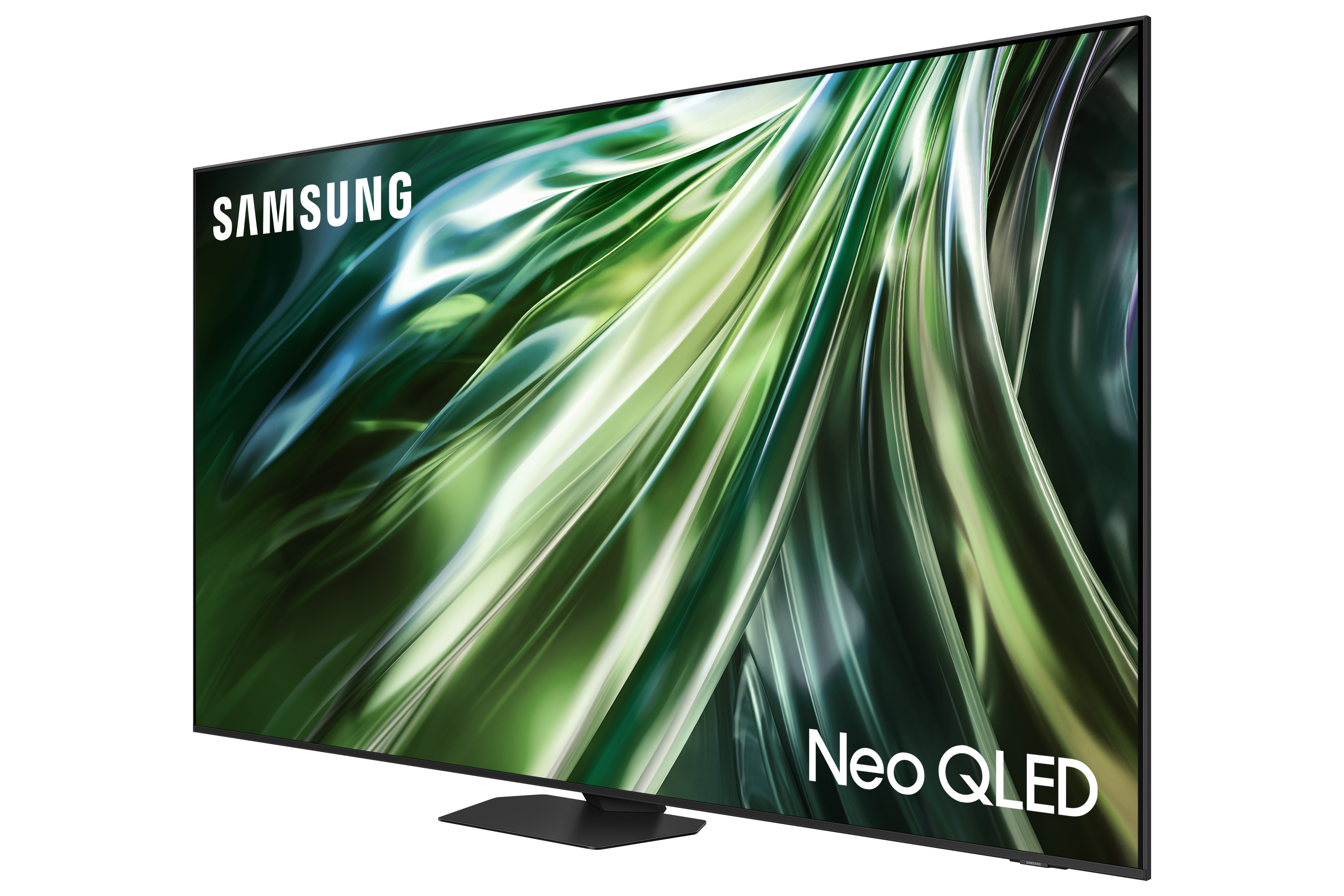 Telewizor Samsung Neo QLED na czarnym tle, lekko pochylony.