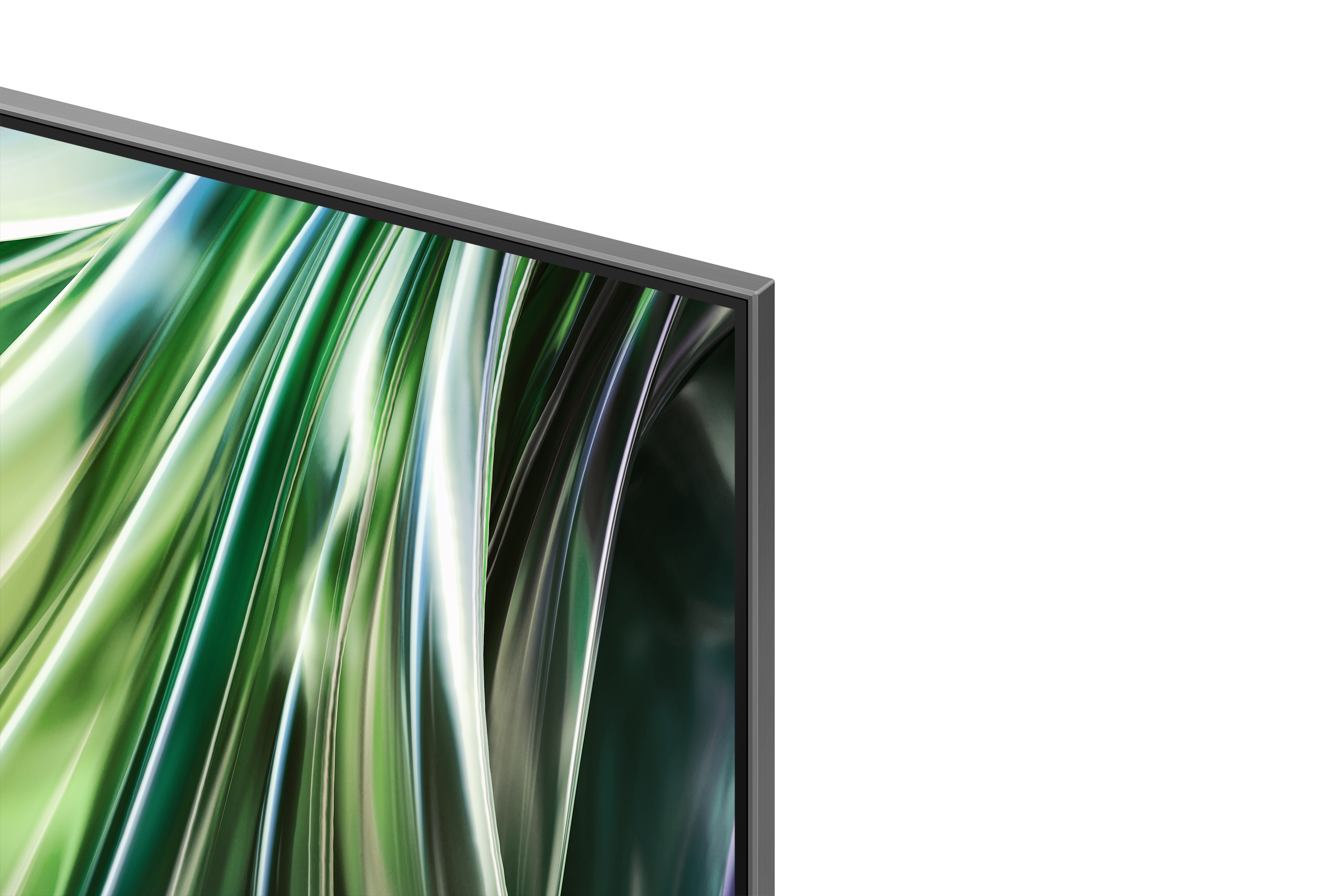 Zbliżenie ekranu telewizora z zieloną, białą i niebieską abstrakcyjną sztuką płynną, metalowa ramka na czarnym tle.