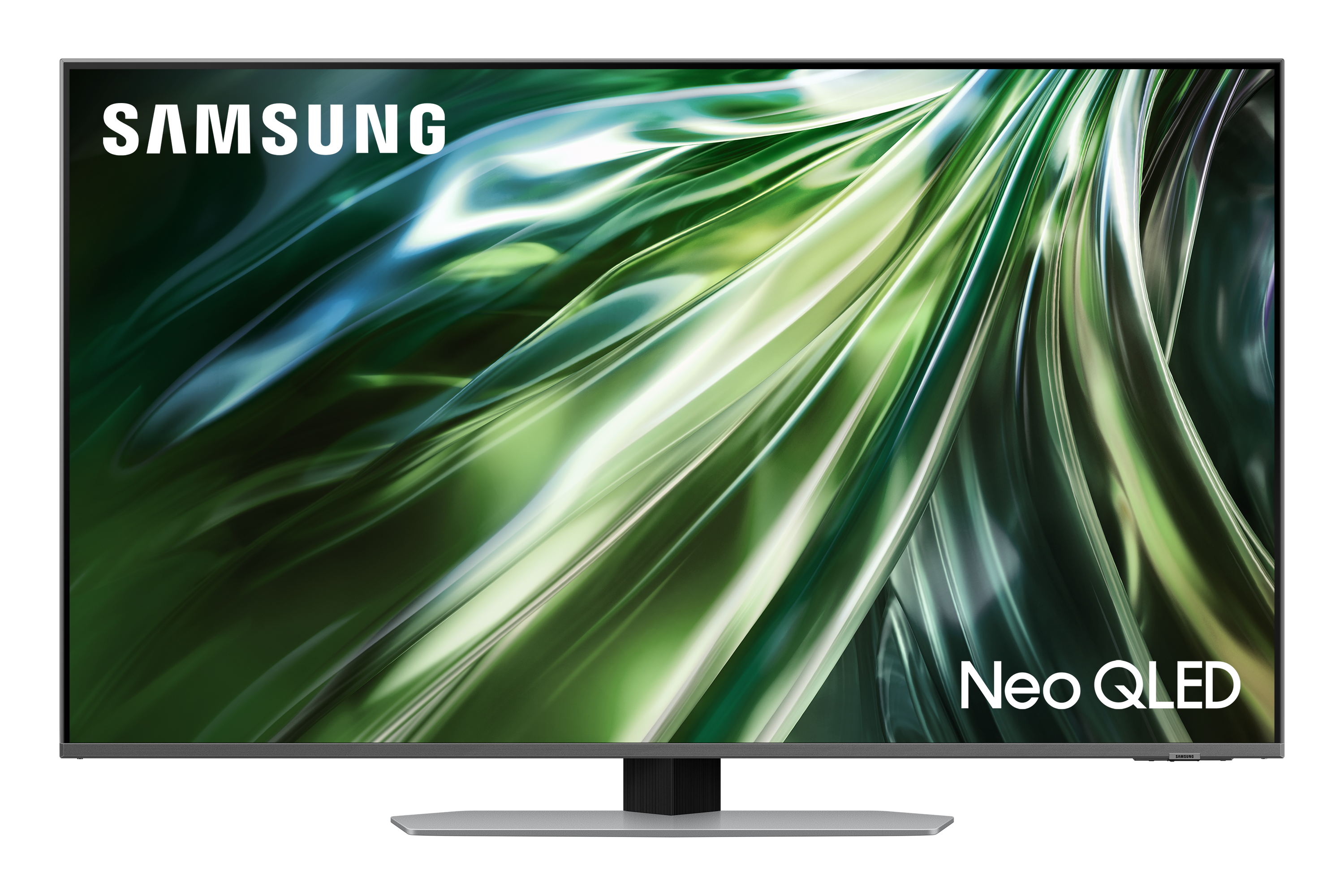 Telewizor Samsung Neo QLED. Ekran wyświetla zielony i żółty abstrakcyjny wzór.