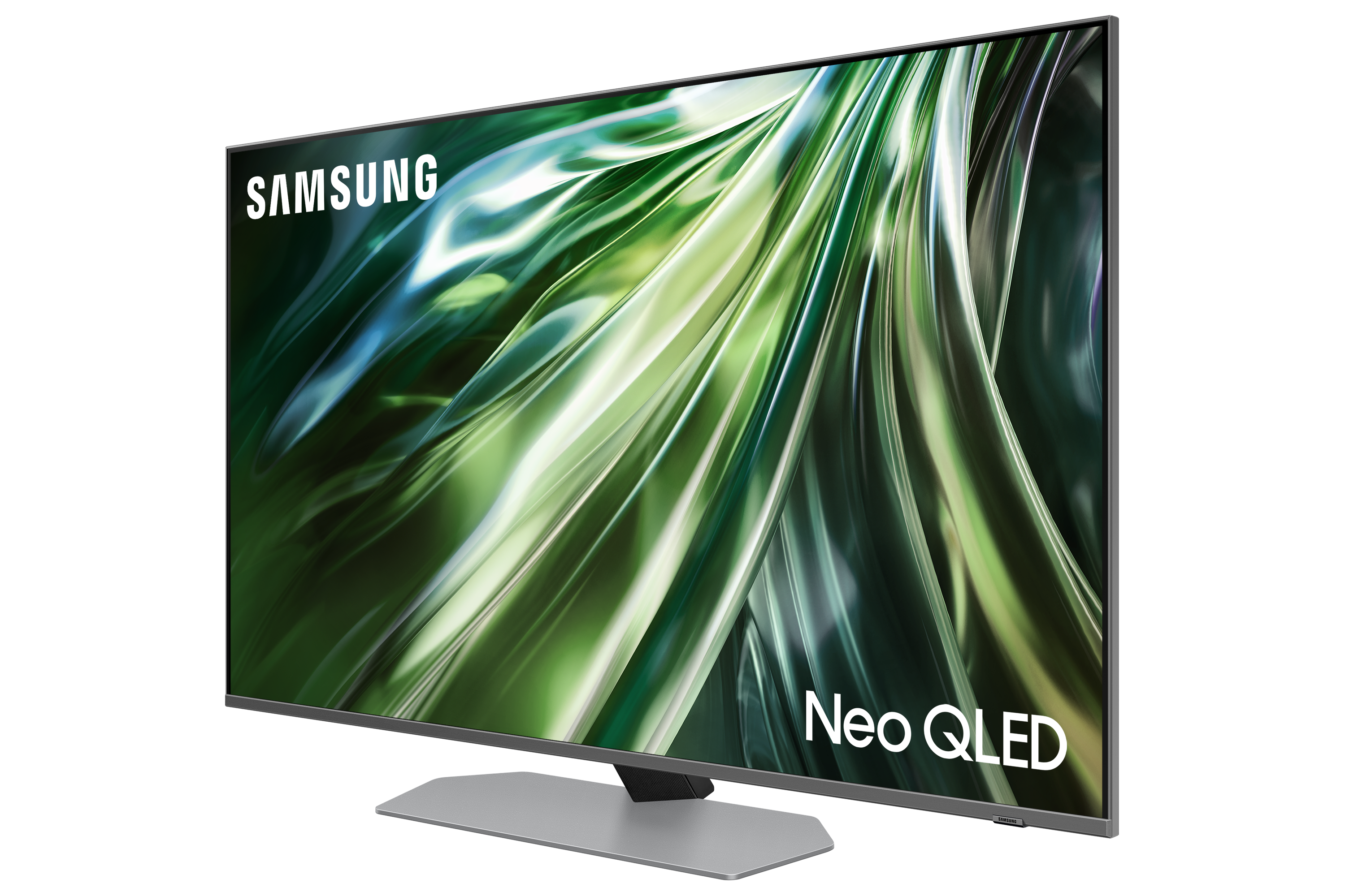 Telewizor Samsung Neo QLED na czarnym tle. Ekran wyświetla abstrakcyjny obraz w kolorze zielono-białym.