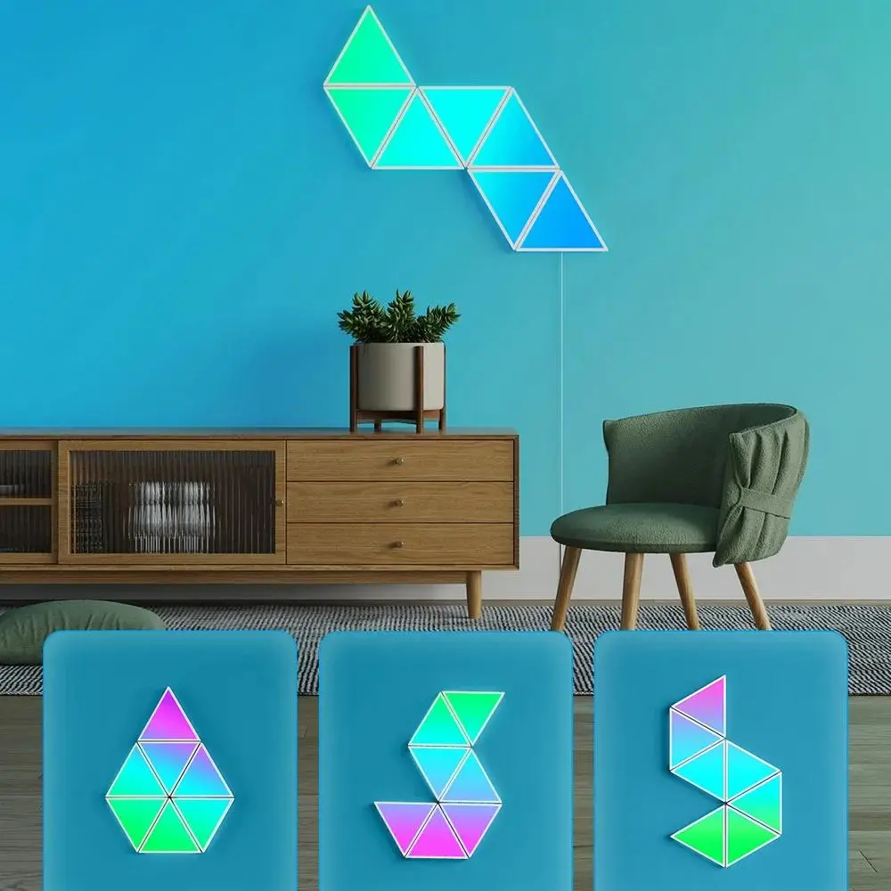 Salon z kolorowymi panelami ściennymi, szafką i krzesłem.