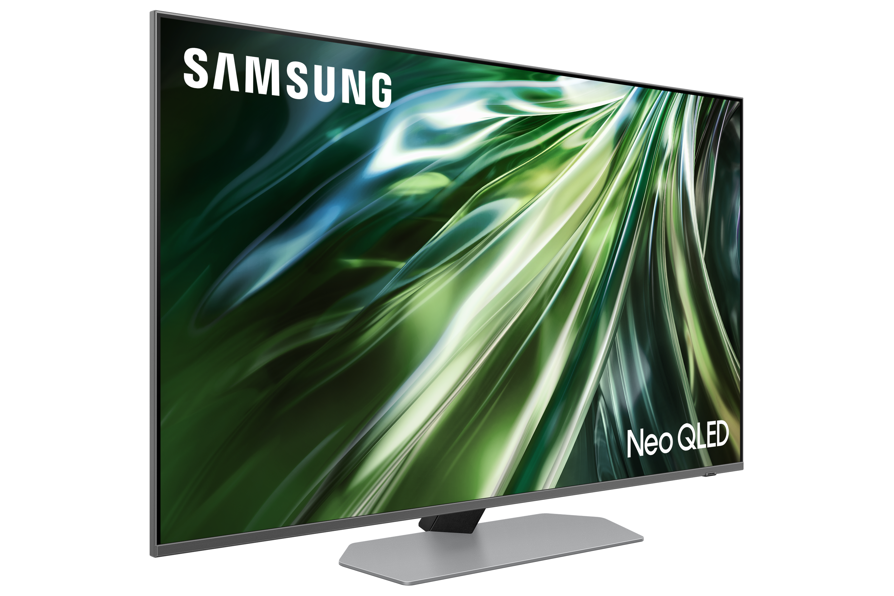 Telewizor Samsung Neo QLED na czarnym tle. Ekran wyświetla abstrakcyjny obraz w kolorze zielono-białym.