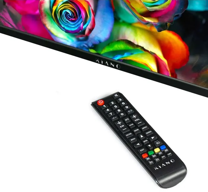 Czarny pilot do telewizora z kolorowymi przyciskami, białe tło i telewizor.