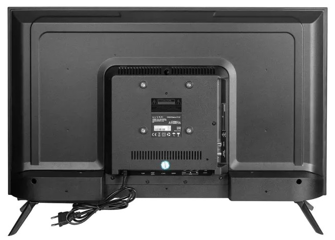 Widok z tyłu telewizora pokazujący porty i złącza na białym tle.