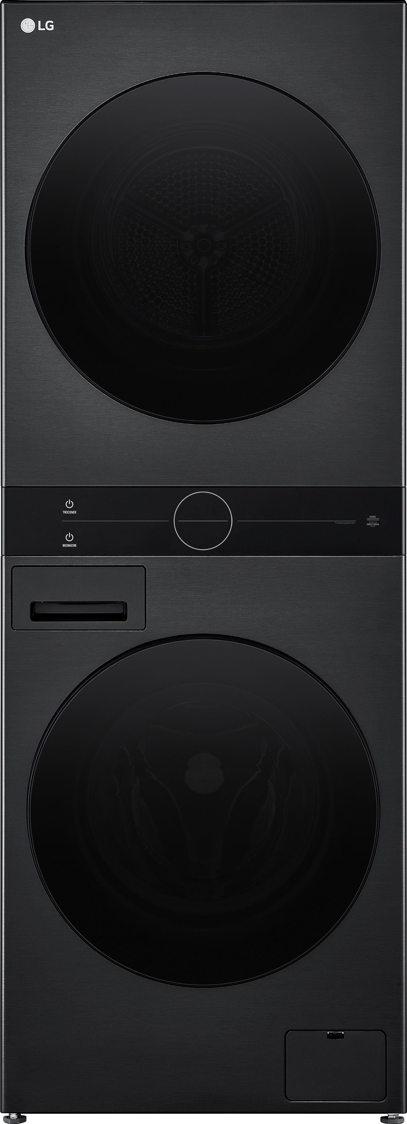 Ein schwarzer, gestapelter Waschtrockner von LG. Die Waschmaschine ist unten, der Trockner oben.