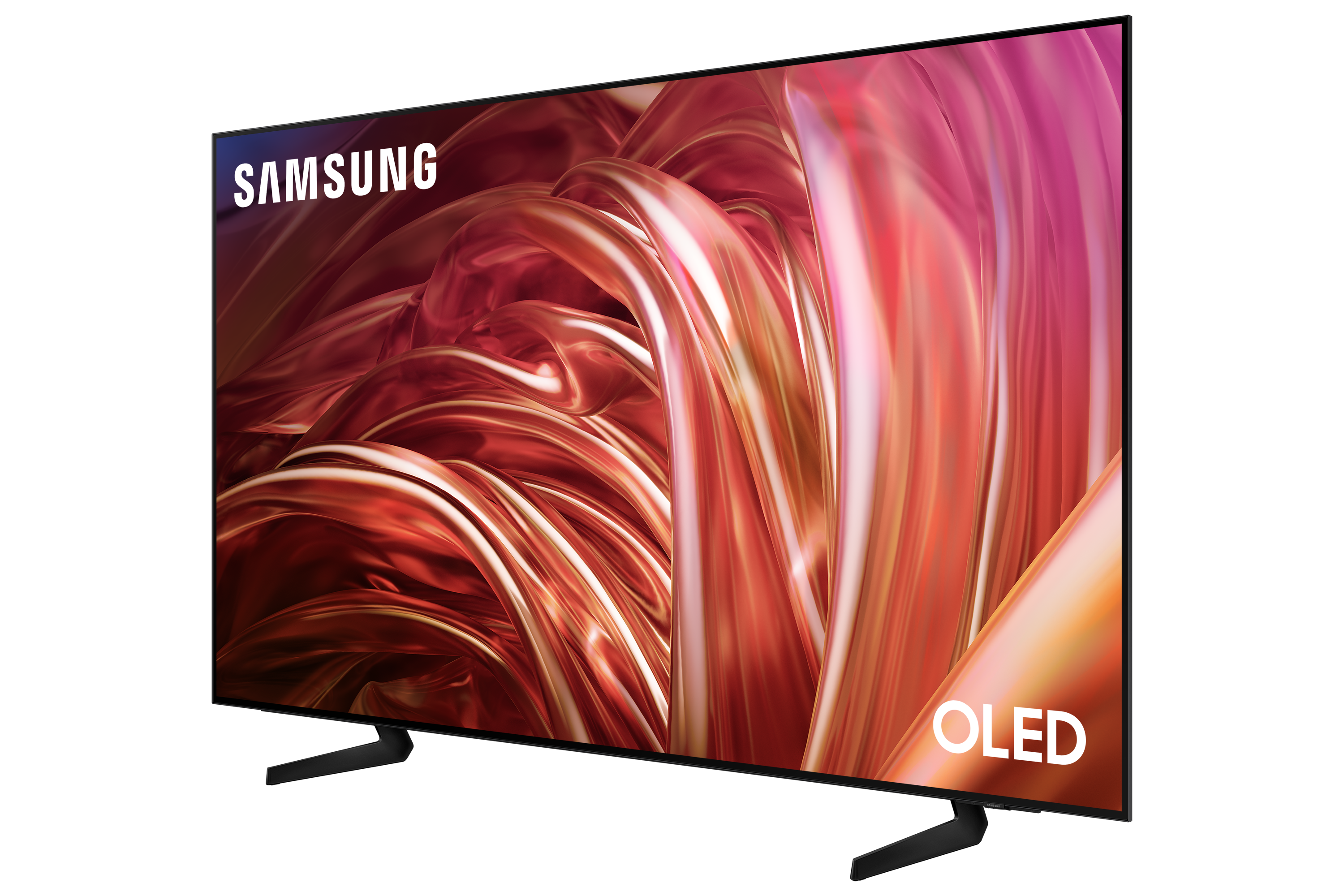 Duży telewizor OLED Samsung na czarnym stojaku. Białe logo Samsung. Czerwone i pomarańczowe abstrakcyjne tło.