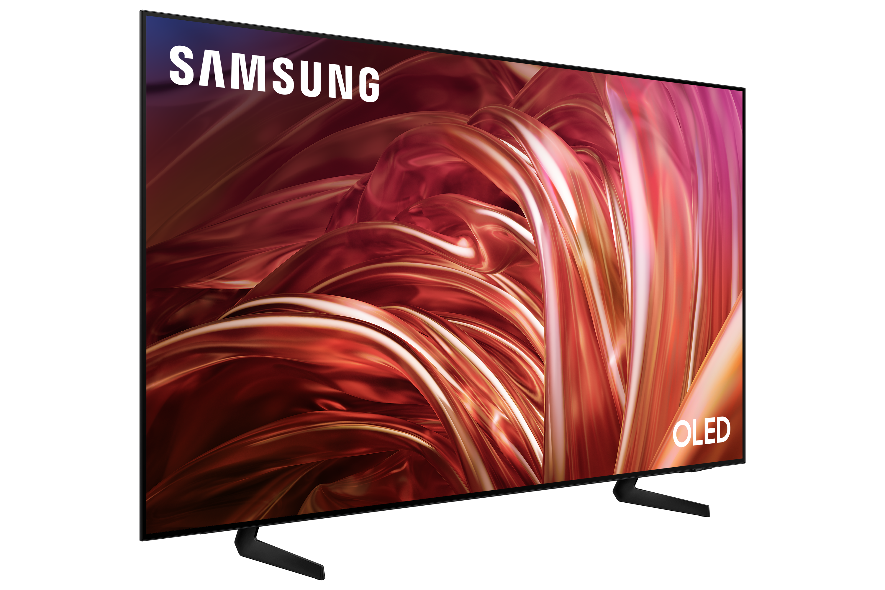 Telewizor OLED Samsung z czarną ramką i podstawą. Ekran wyświetla kolorową sztukę abstrakcyjną.