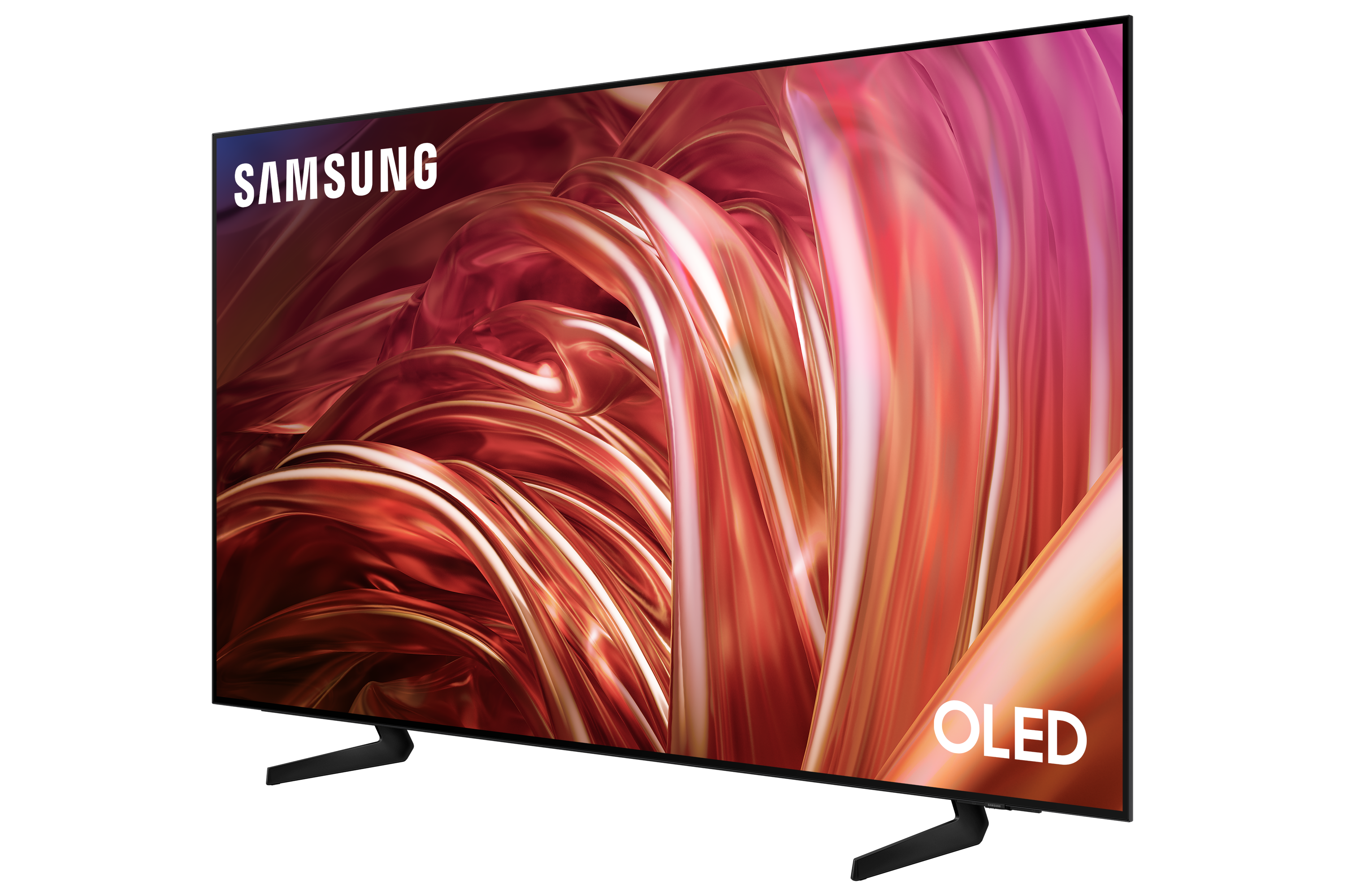 Ekran telewizora OLED firmy Samsung, pokazujący kolorowe, abstrakcyjne tło na czarnej powierzchni.