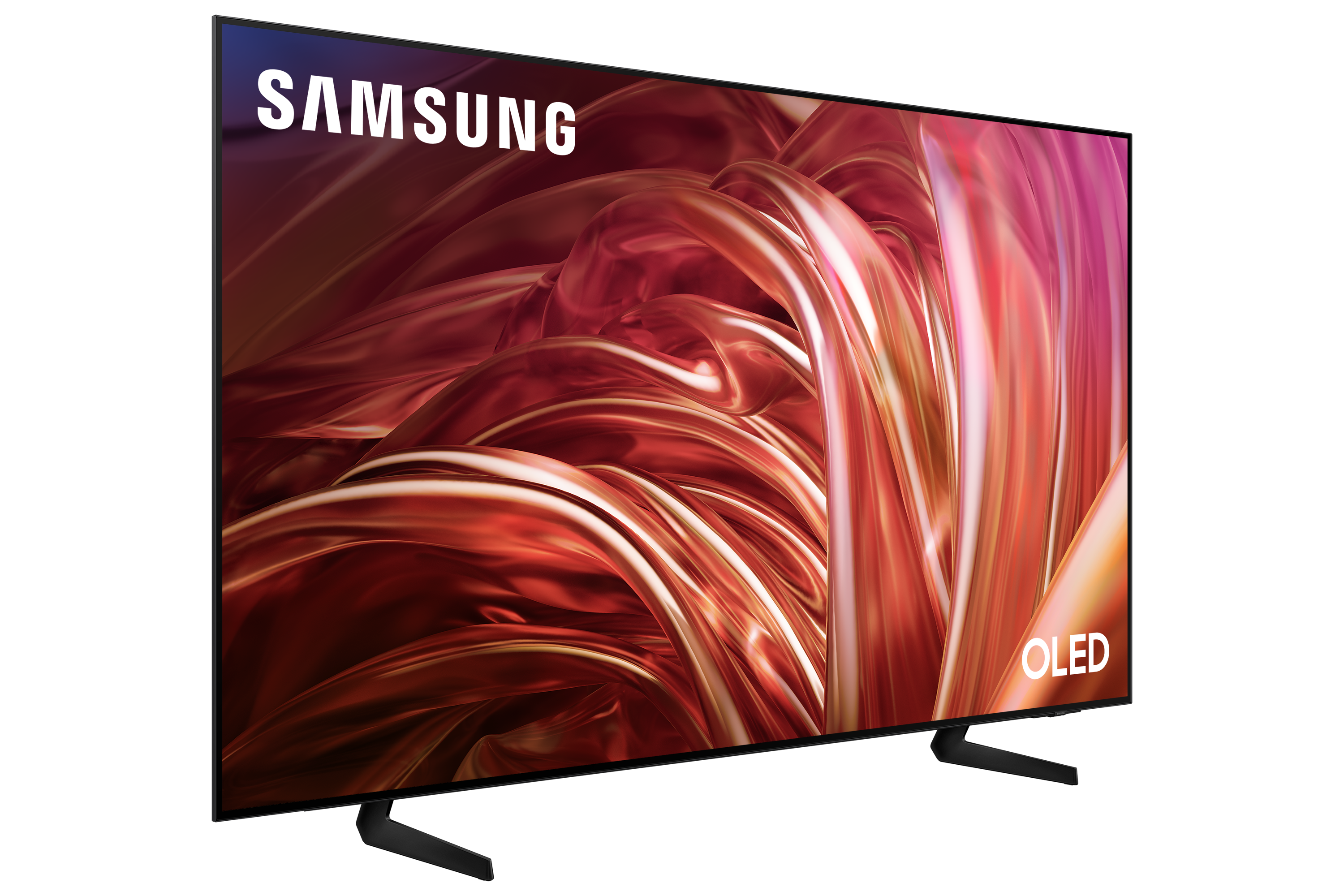 Duży telewizor OLED Samsung na czarnym stojaku. Białe logo Samsung. Czerwone i pomarańczowe abstrakcyjne tło.
