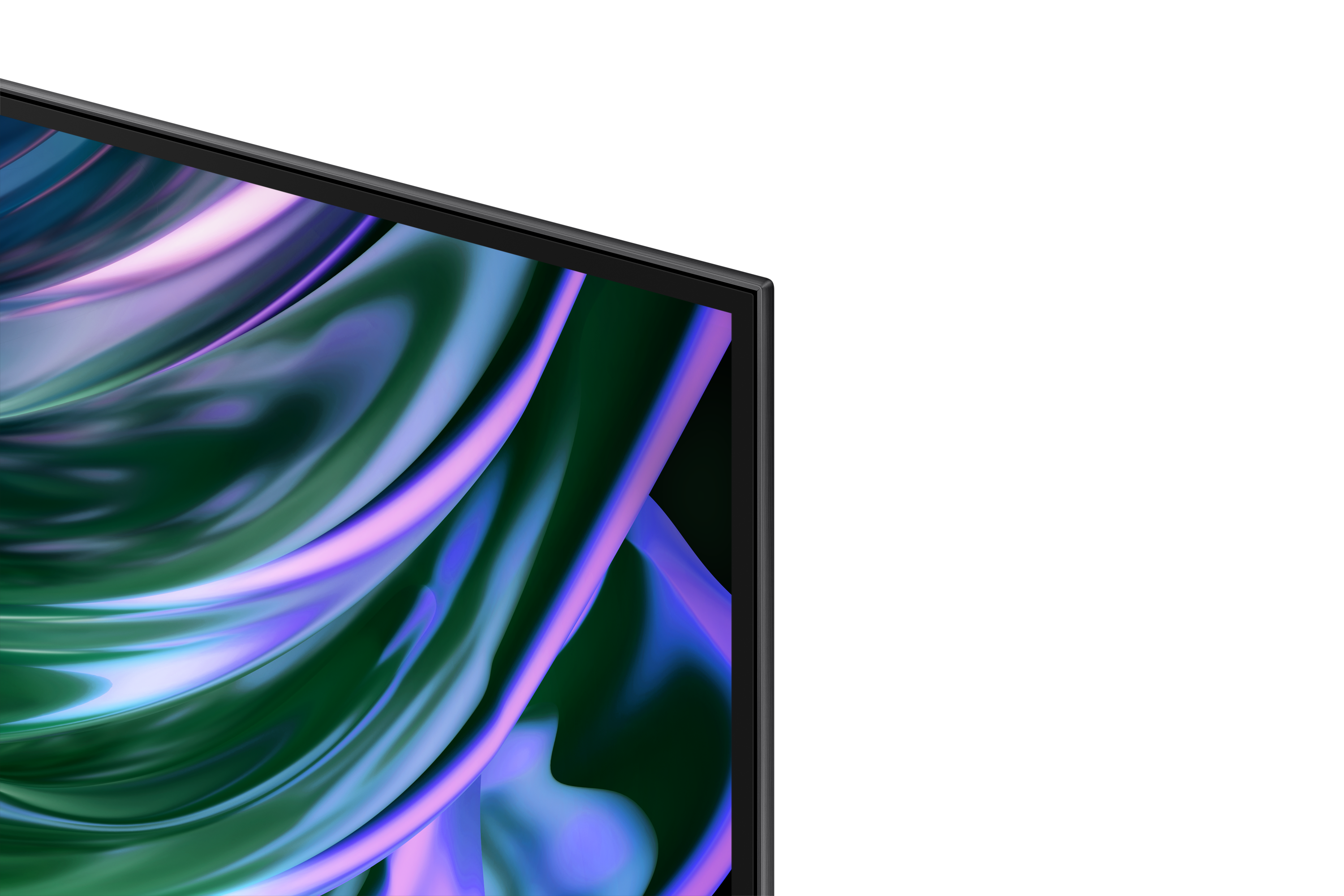 Zbliżenie ekranu telewizora z abstrakcyjnym, kolorowym obrazem pośrodku, czarne krawędzie.