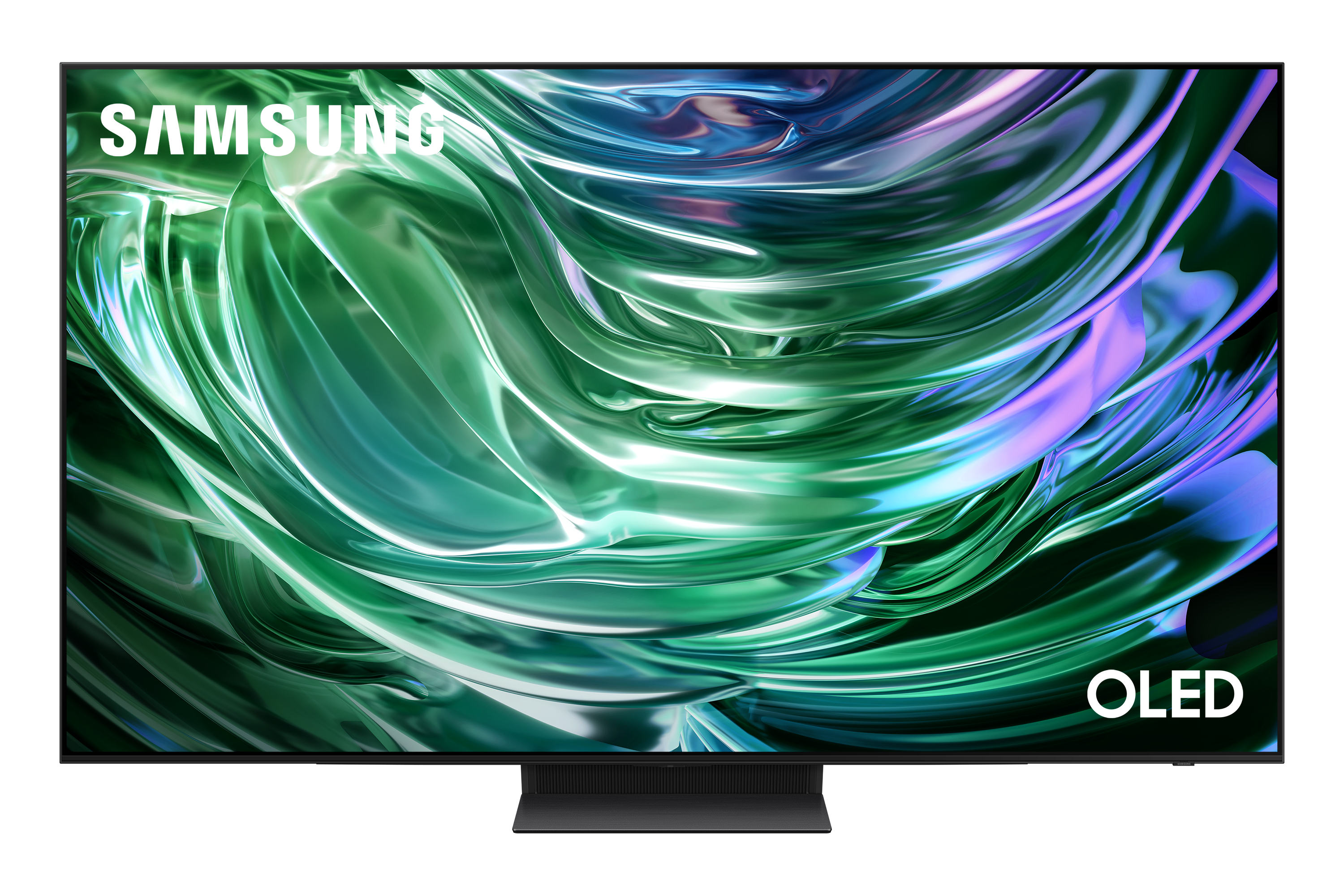 Telewizor Samsung OLED, z zielonym i białym abstrakcyjnym tłem, czarna ramka.