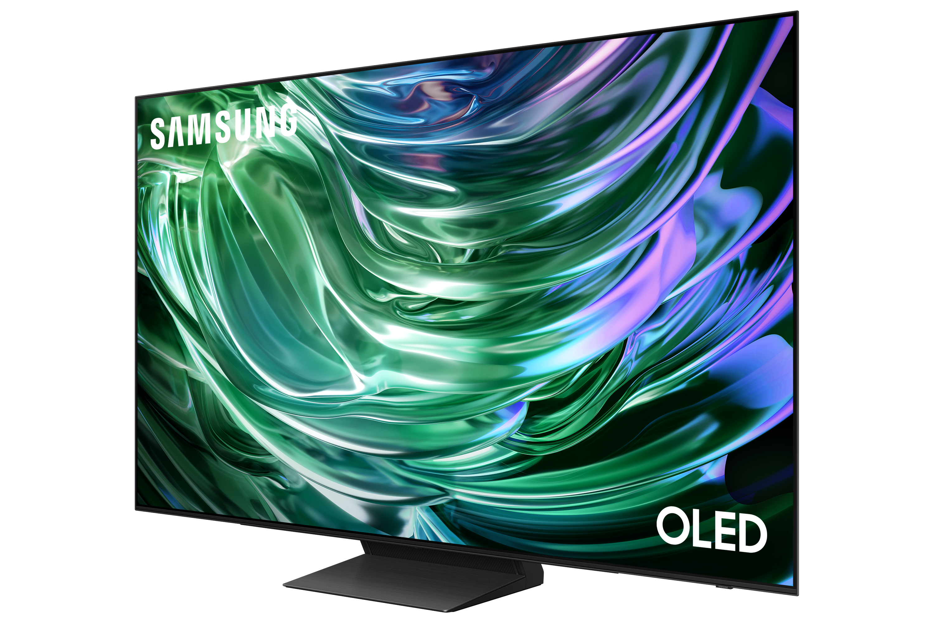 Duży telewizor OLED Samsung na czarnym stojaku. Białe logo Samsung. Zielone i fioletowe abstrakcyjne tło.