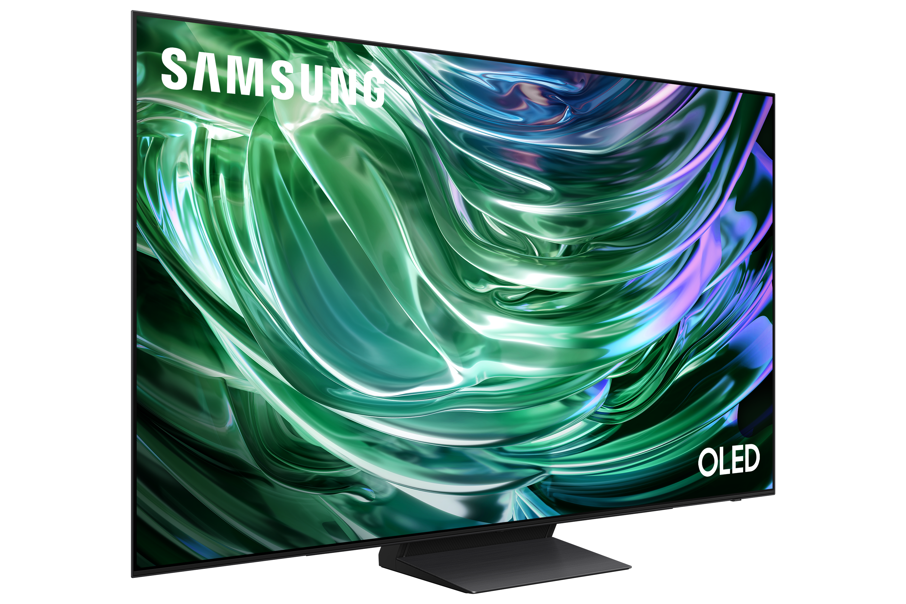 Telewizor OLED Samsung. Zielony i fioletowy abstrakcyjny wzór na ekranie. Czarne tło.