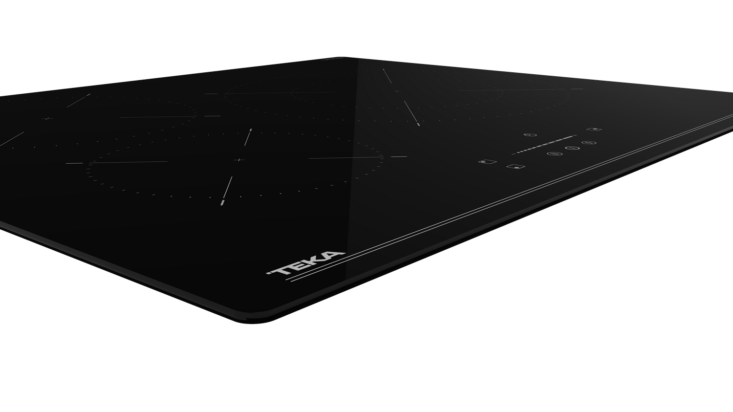 Encimera negra con el logotipo de TEKA, vista en perspectiva. Fondo negro con una ligera sombra.