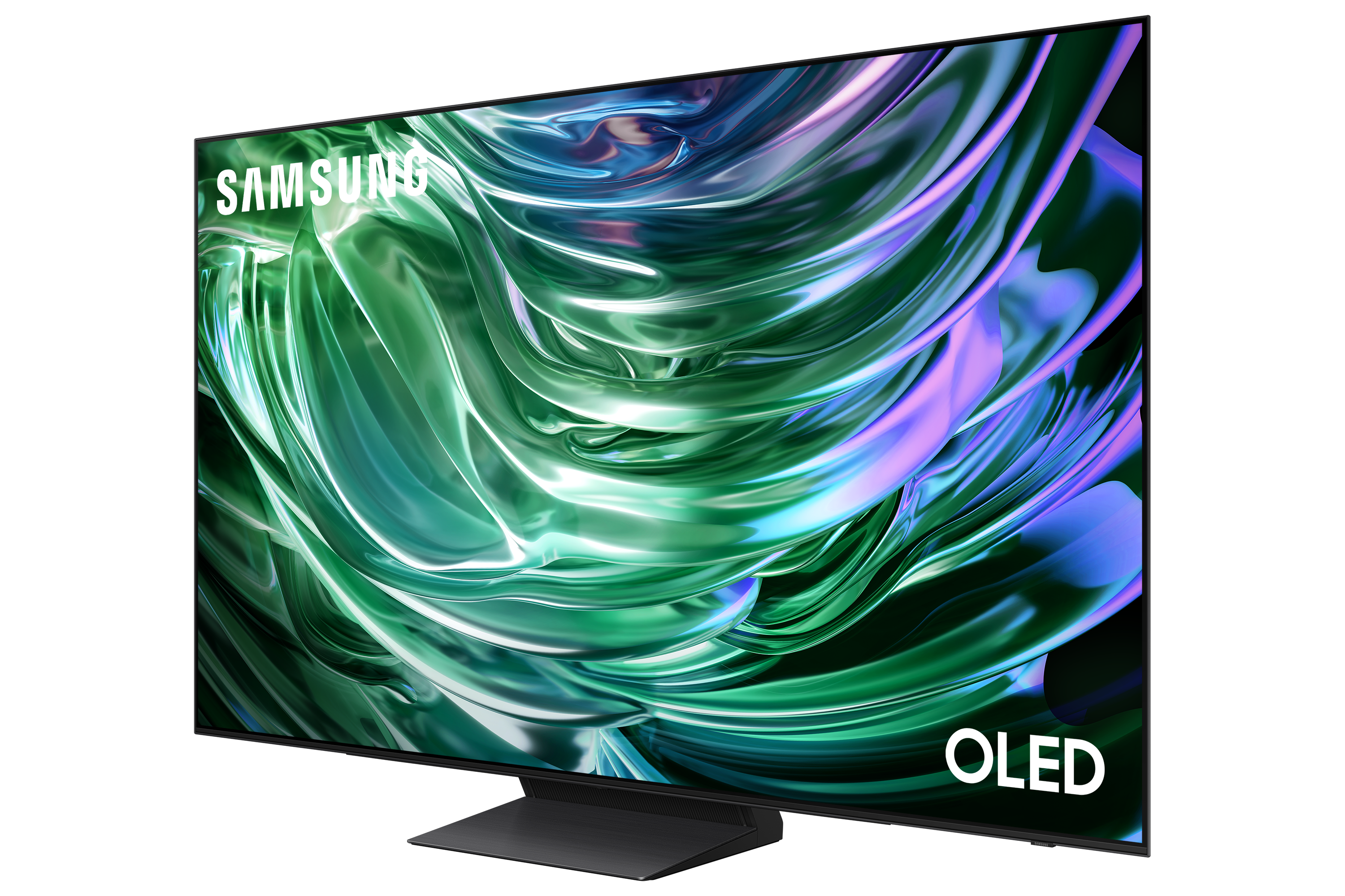 Telewizor Samsung OLED, zielone, fioletowe abstrakcyjne tło, czarna ramka.