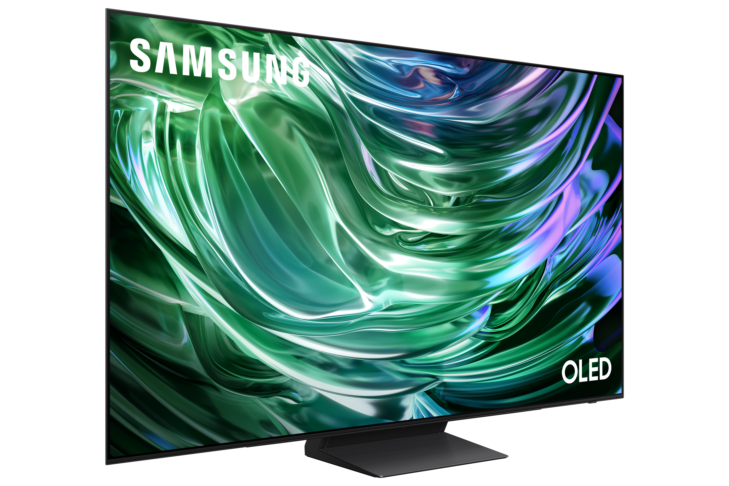 Telewizor OLED Samsung. Zielony i fioletowy abstrakcyjny wzór na ekranie. Czarne tło.