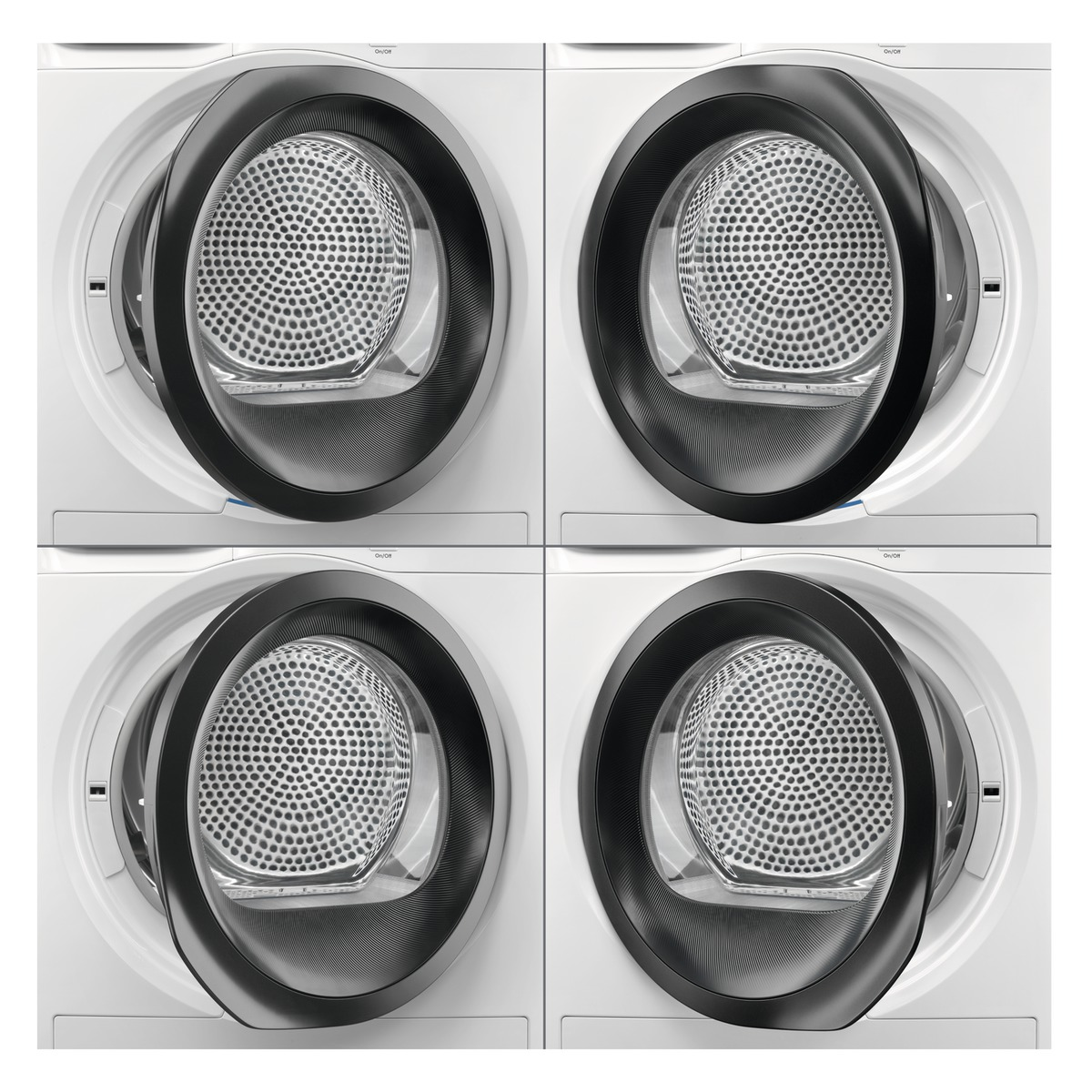 Cztery białe pralki. Każda maszyna ma czarny pierścień drzwi i bęben.